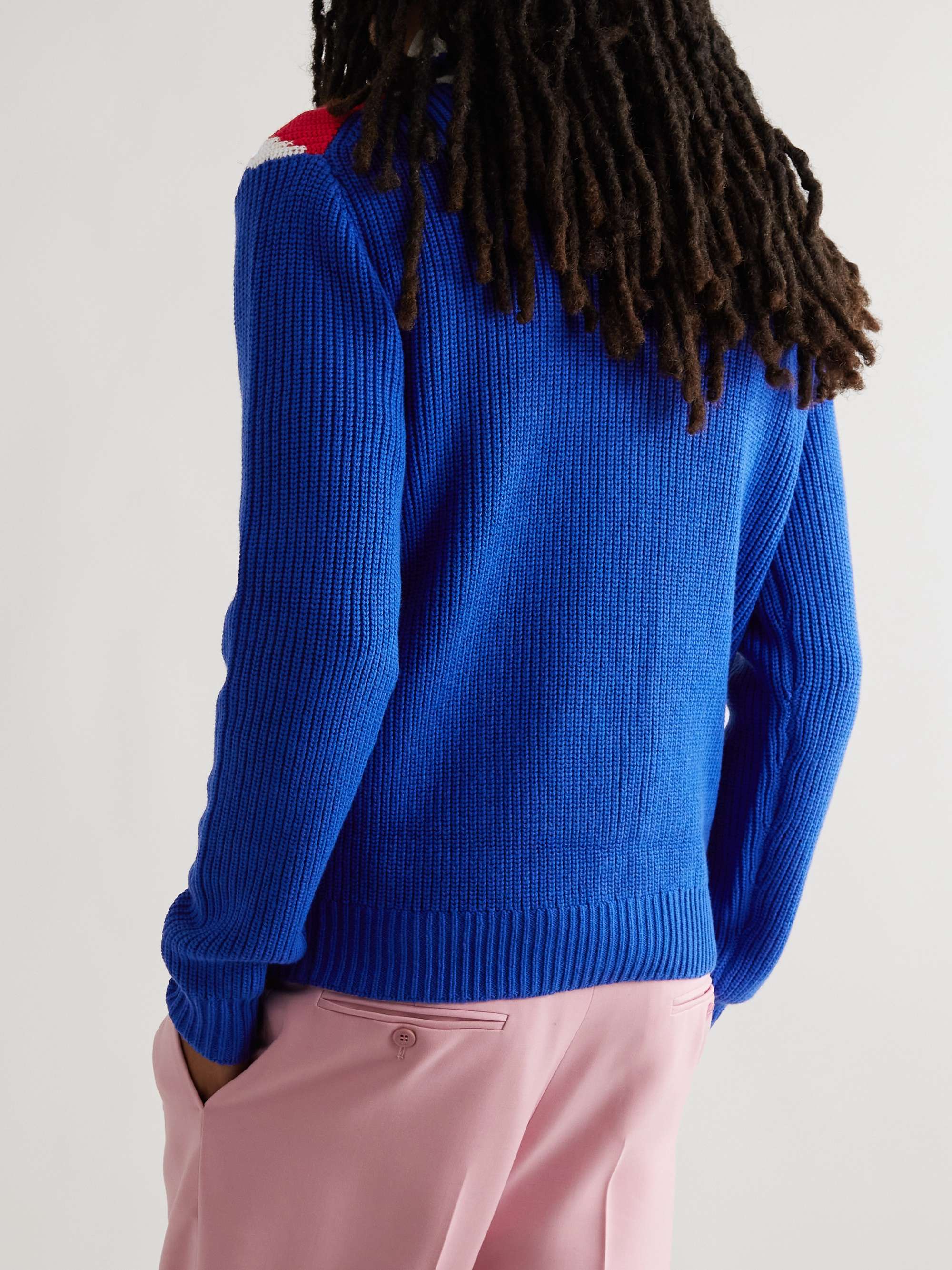 CASABLANCA Striped Ribbed Merino Wool and Cotton-Blend Zip-Up Sweater