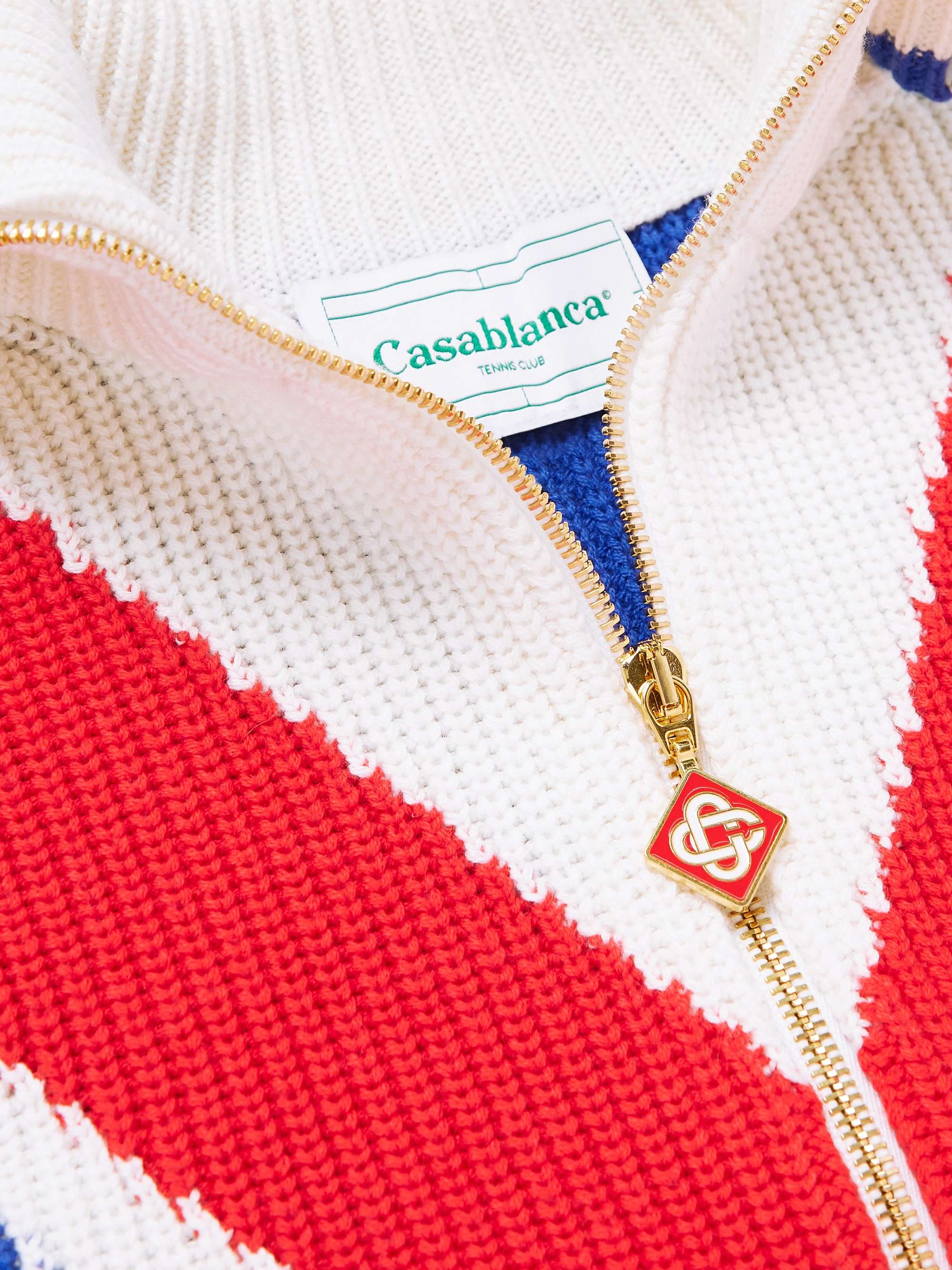 CASABLANCA Striped Ribbed Merino Wool and Cotton-Blend Zip-Up Sweater
