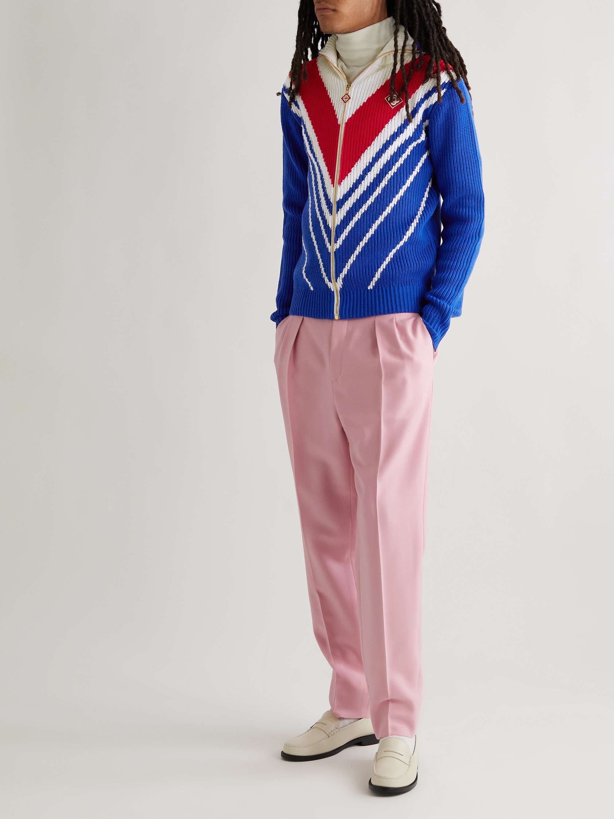 CASABLANCA Striped Ribbed Merino Wool and Cotton-Blend Zip-Up Sweater