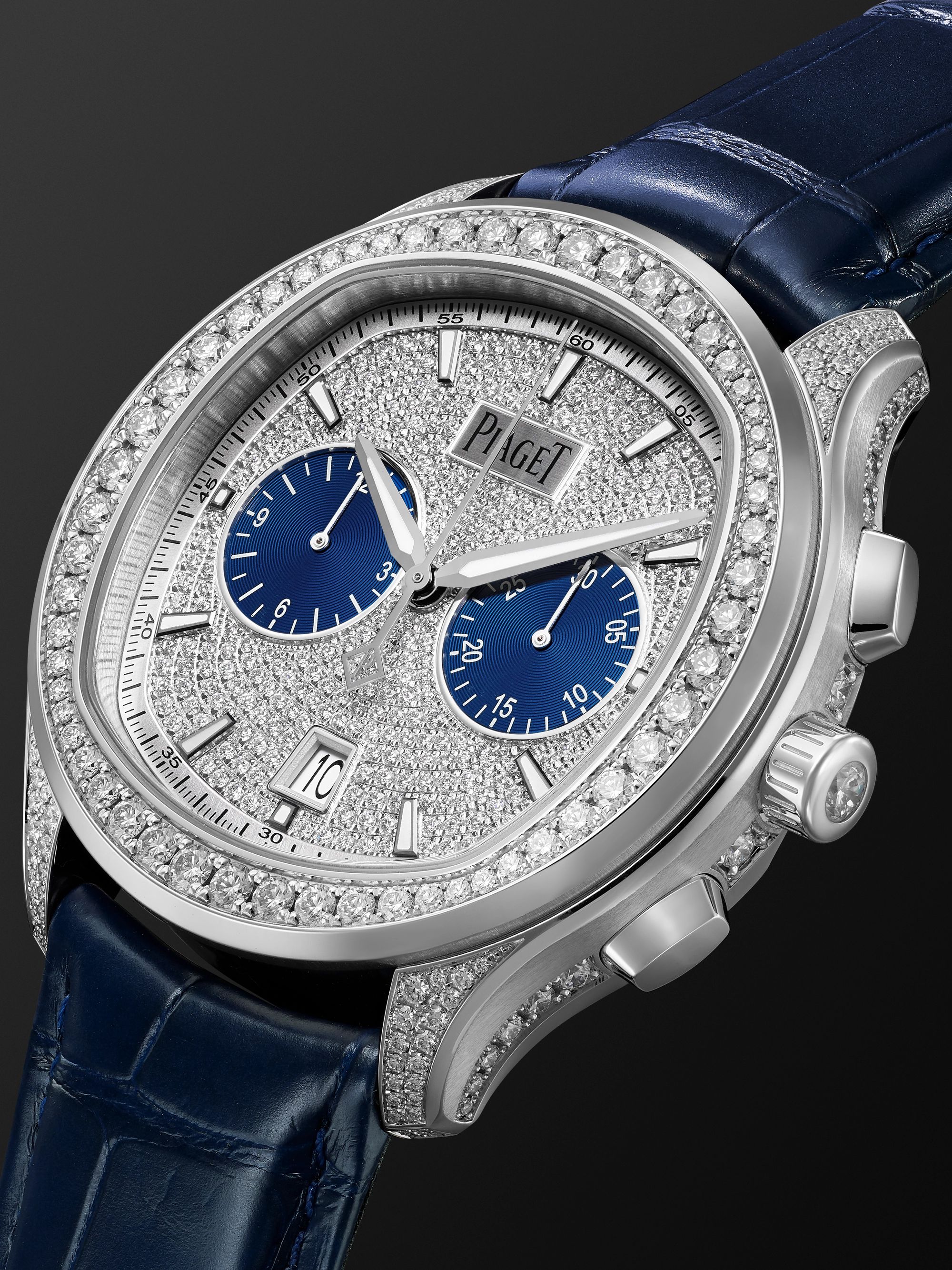 PIAGET Polo Automatic Chronograph 42mm 18-Karat White Gold, Alligator and Diamond Watch, Ref. No. G046049