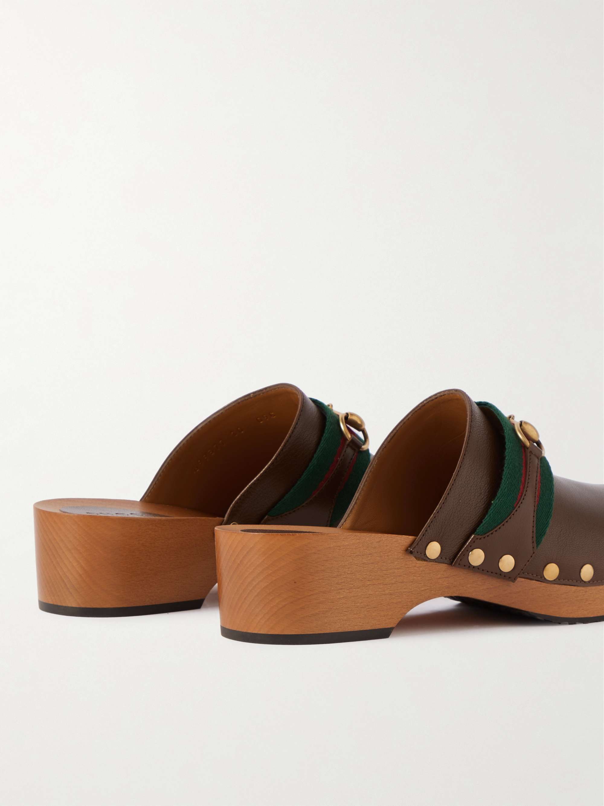 GUCCI Horsebit Webbing-Trimmed Leather Clogs