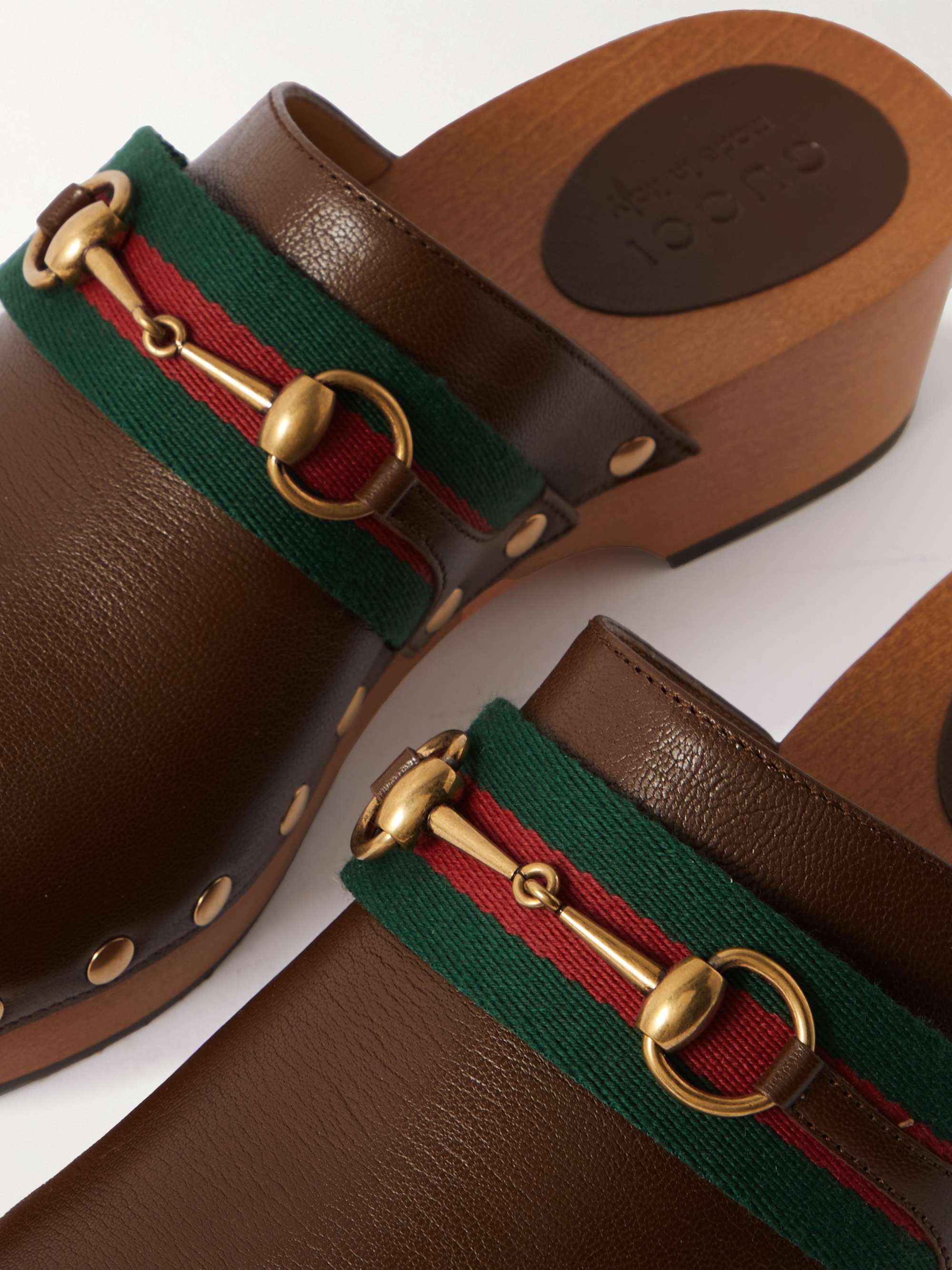 GUCCI Horsebit Webbing-Trimmed Leather Clogs