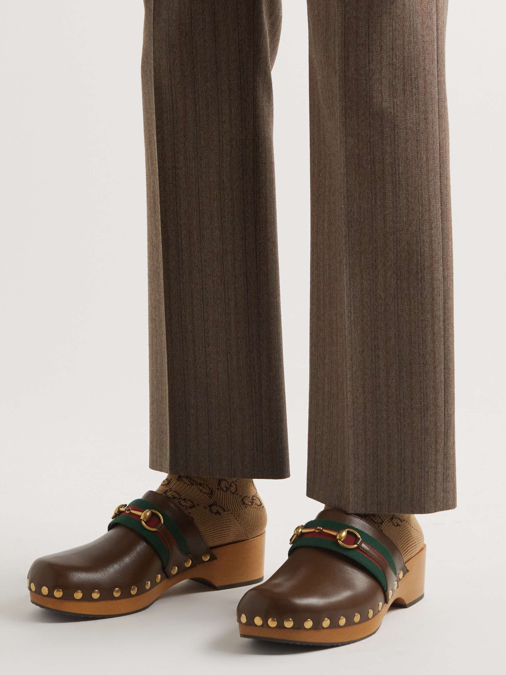 GUCCI Horsebit Webbing-Trimmed Leather Clogs