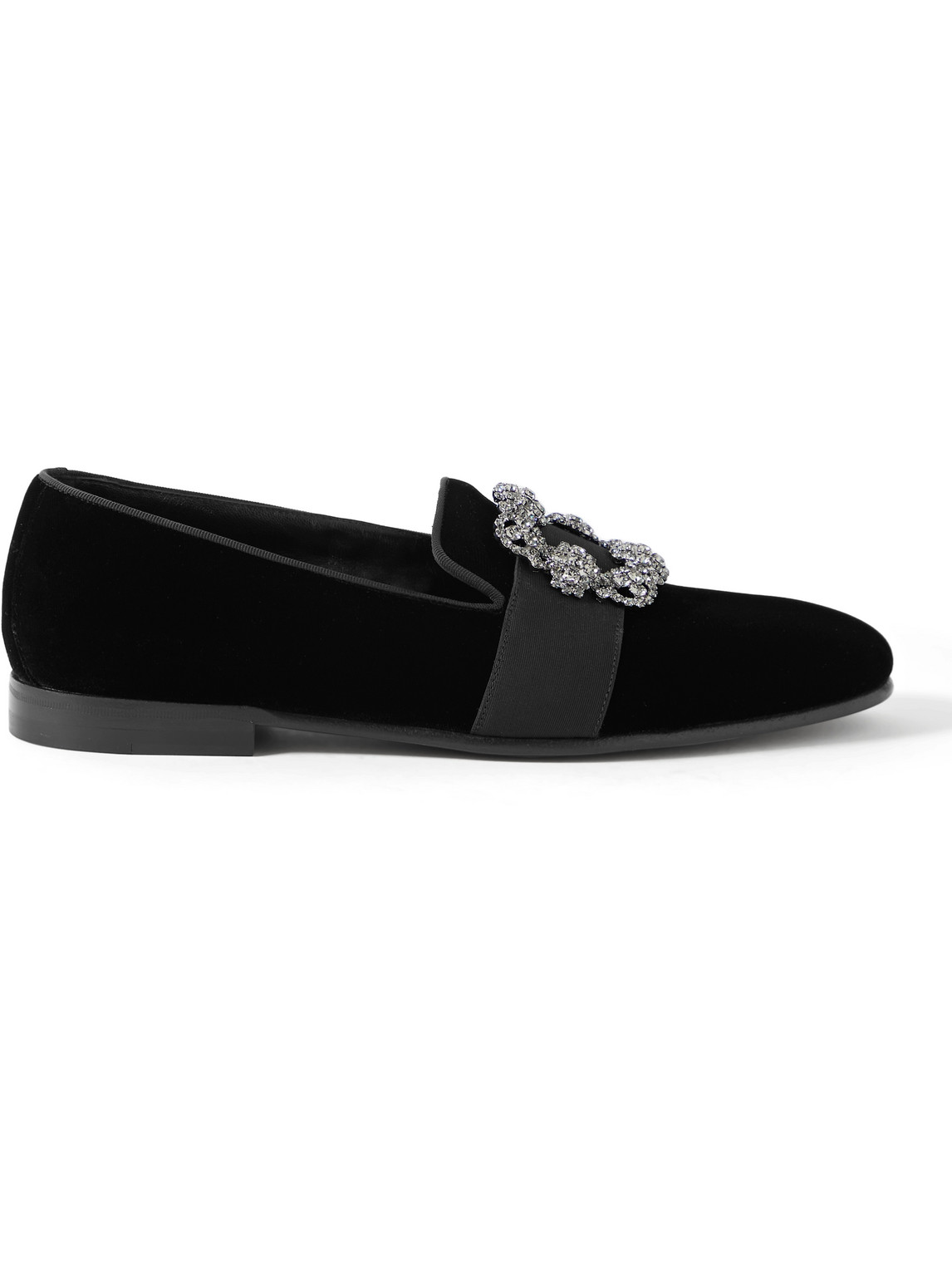 Shop Manolo Blahnik Carlton Embellished Grosgrain-trimmed Velvet Loafers In Black