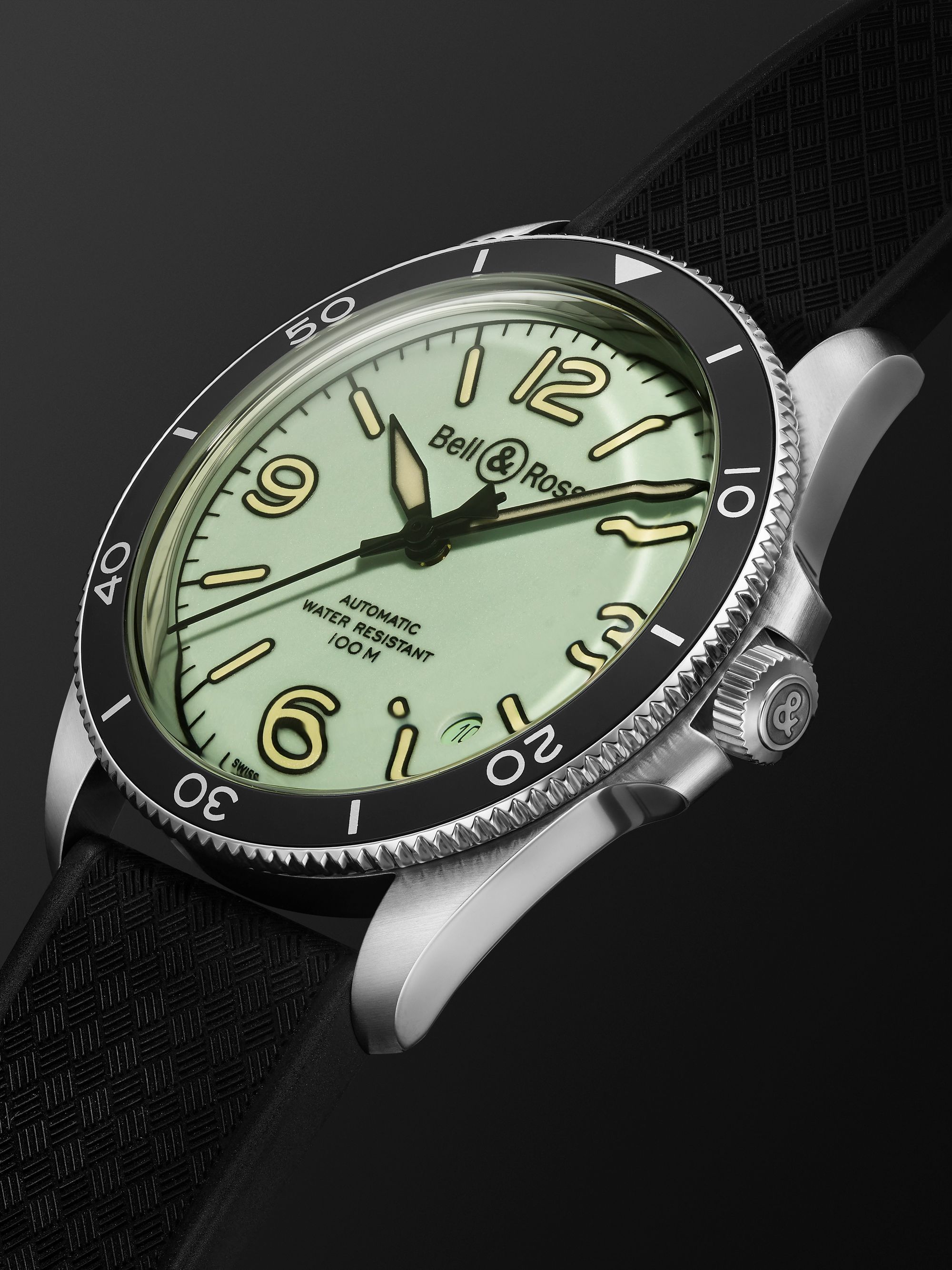 BELL & ROSS ساعة BR V2-92 Full Lum أوتوماتيكية ذات إصدار محدود من المطاط والفولاذ المقاوم للصدأ بقطر 41 مم، الرقم المرجعي BRV292-LUM-ST/SRB