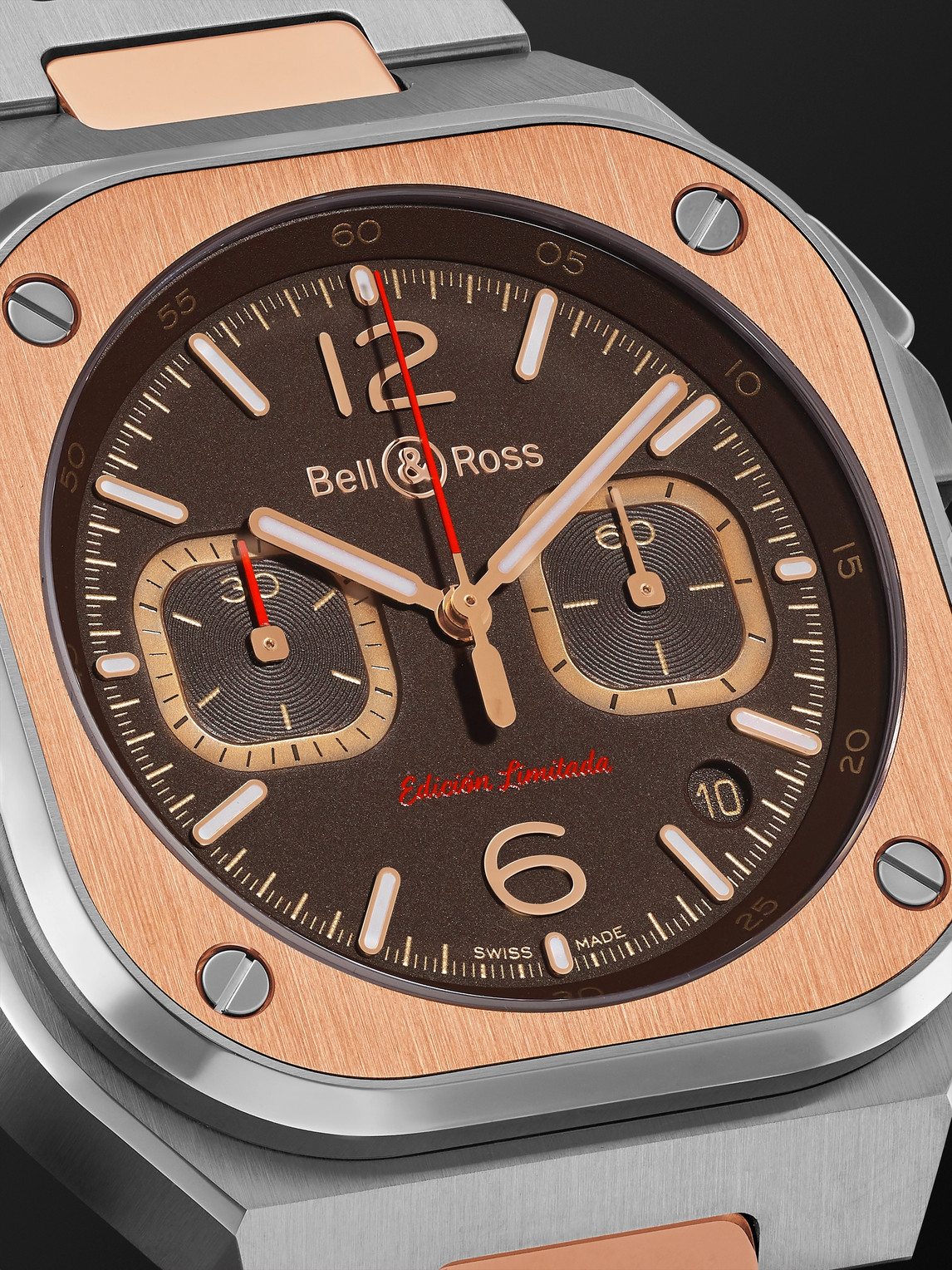 Shop Bell & Ross Br 05 Limited Edition Automatic Chronograph 42mm Stainless Steel And Rose Gold Watch, Ref. No. Br05c In Brown