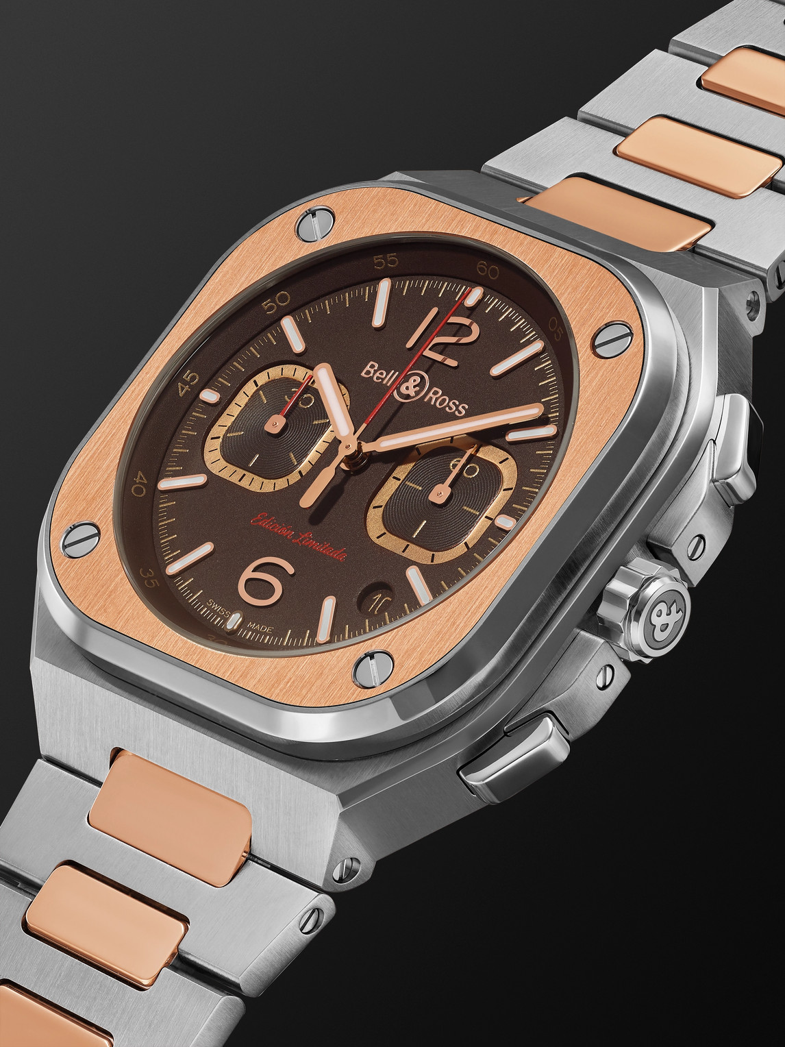 Shop Bell & Ross Br 05 Limited Edition Automatic Chronograph 42mm Stainless Steel And Rose Gold Watch, Ref. No. Br05c In Brown