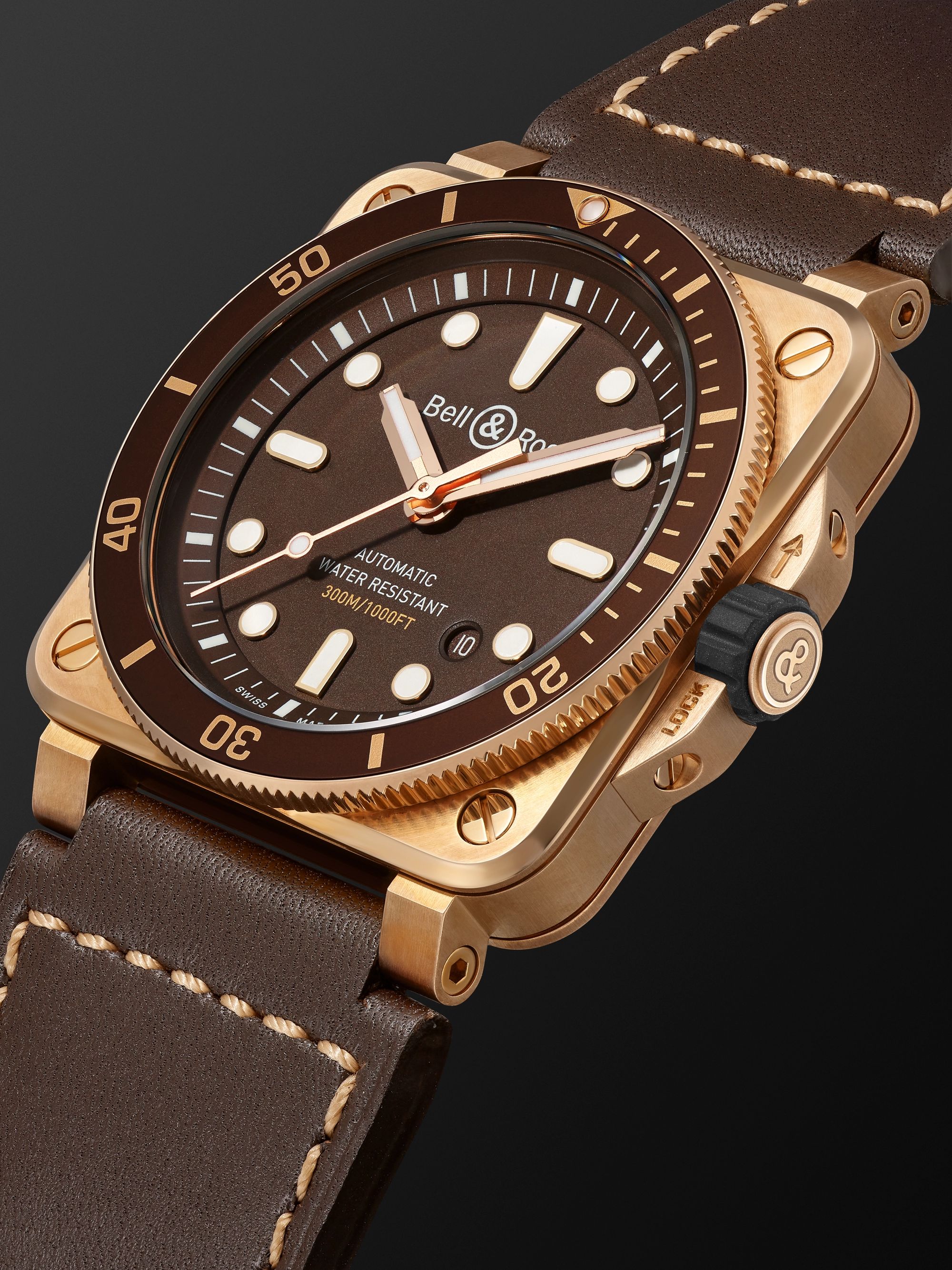 BELL & ROSS BR 03-92 Diver Limited Edition Automatic 42mm Bronze and Leather Watch, Ref.No R0392-D-BR-BR/SCA