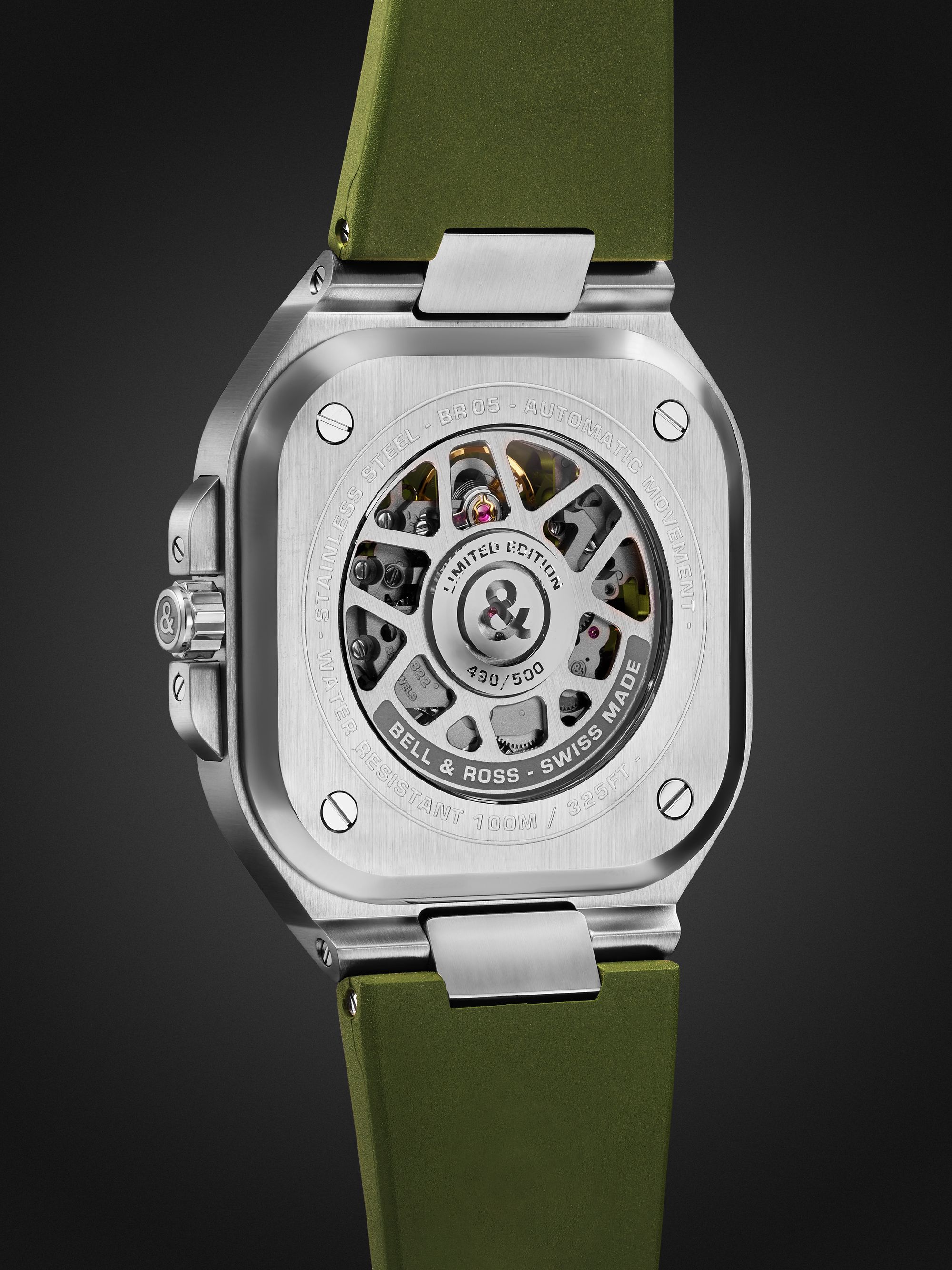 BELL & ROSS BR 05 Skeleton Green Limited-Edition 40mm Stainless Steel and Rubber Watch, Ref. No. BR05A-GN-SKST/SRB