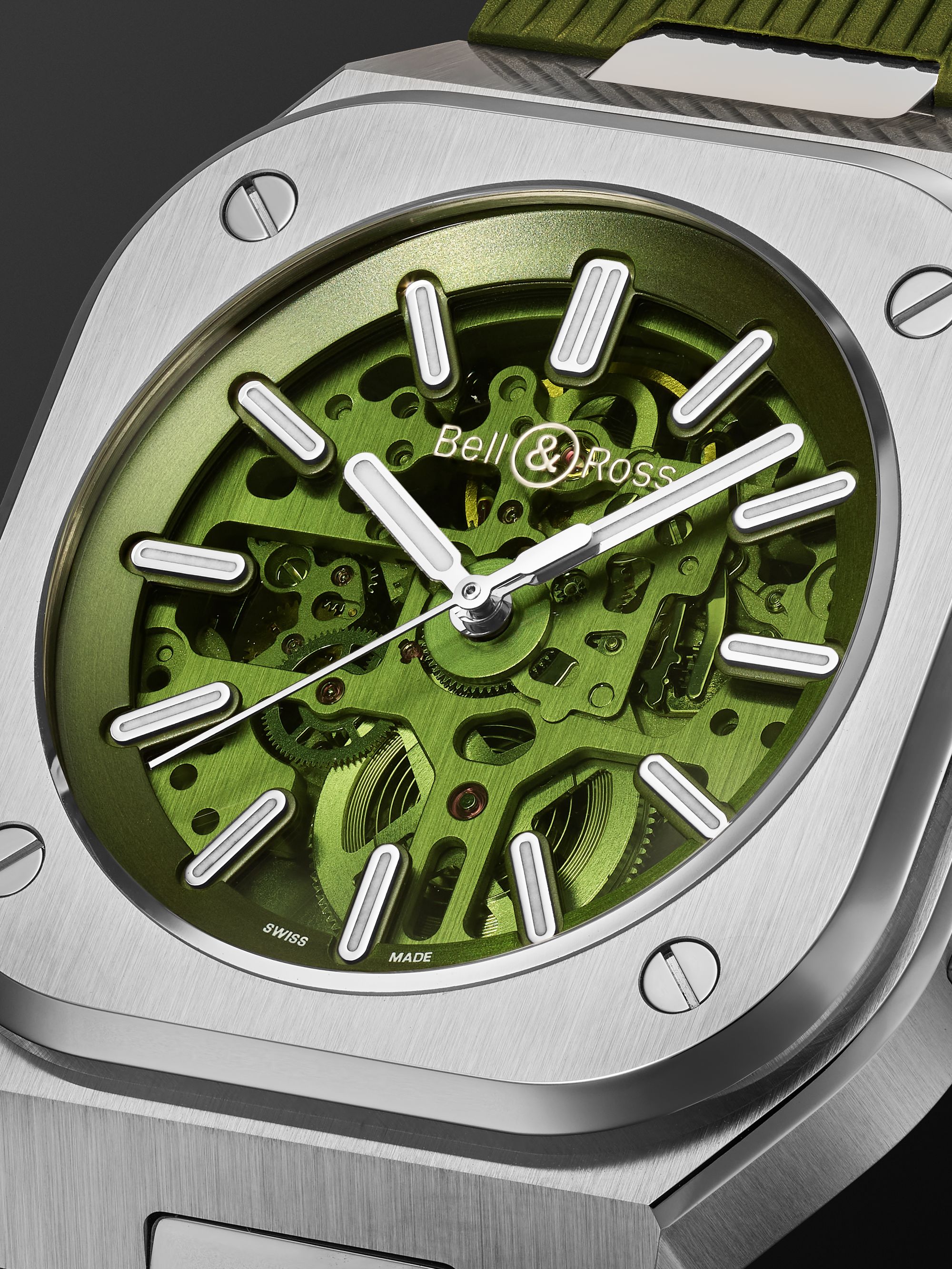 BELL & ROSS BR 05 Skeleton Green Limited-Edition 40mm Stainless Steel and Rubber Watch, Ref. No. BR05A-GN-SKST/SRB