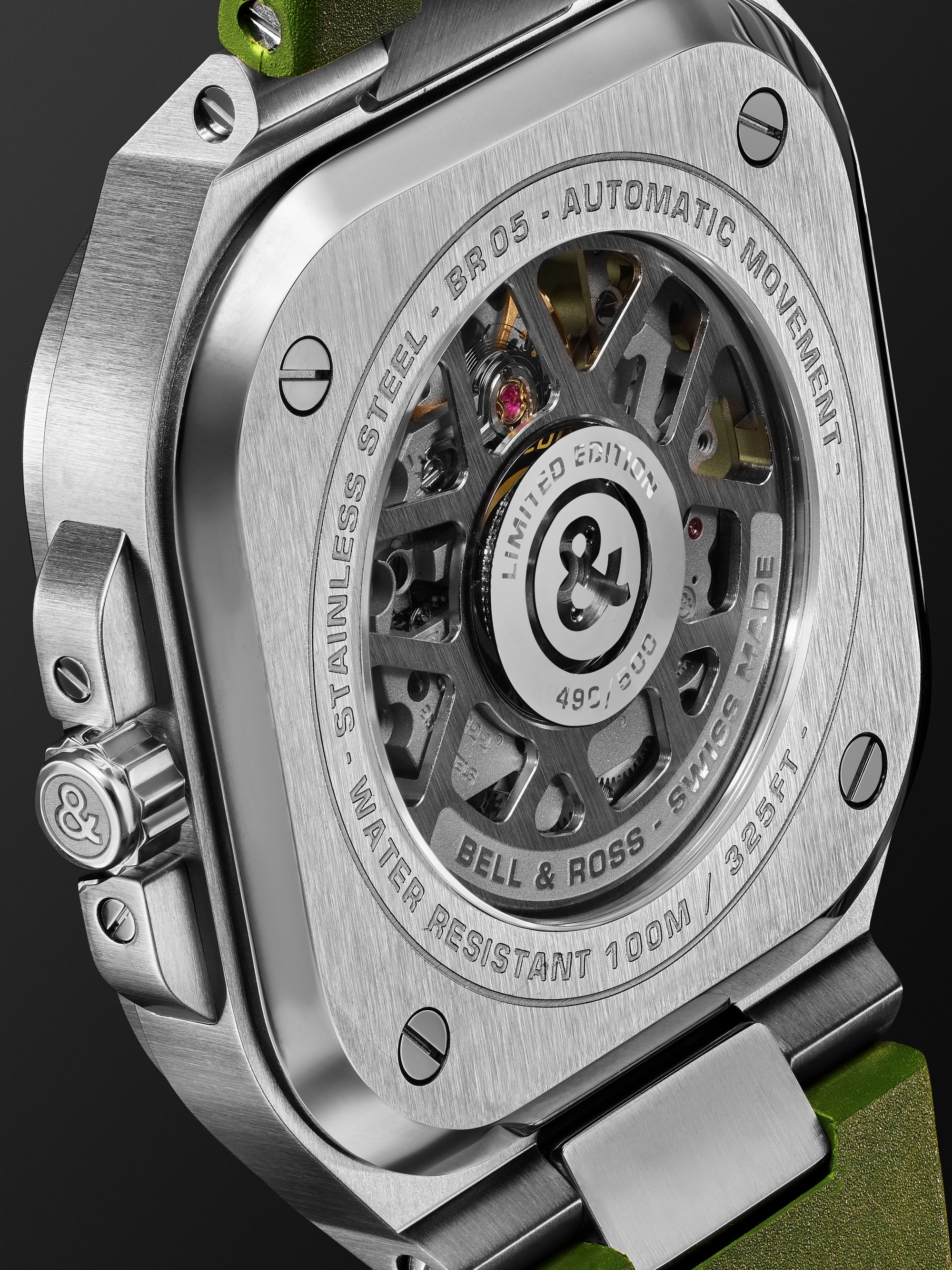 BELL & ROSS BR 05 Skeleton Green Limited-Edition 40mm Stainless Steel and Rubber Watch, Ref. No. BR05A-GN-SKST/SRB