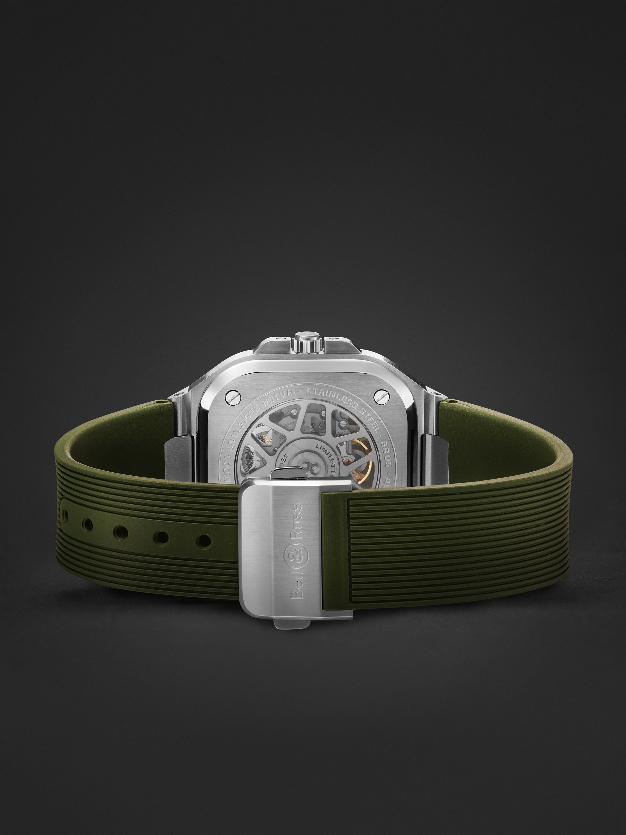 BELL & ROSS BR 05 Skeleton Green Limited-Edition 40mm Stainless Steel and Rubber Watch, Ref. No. BR05A-GN-SKST/SRB