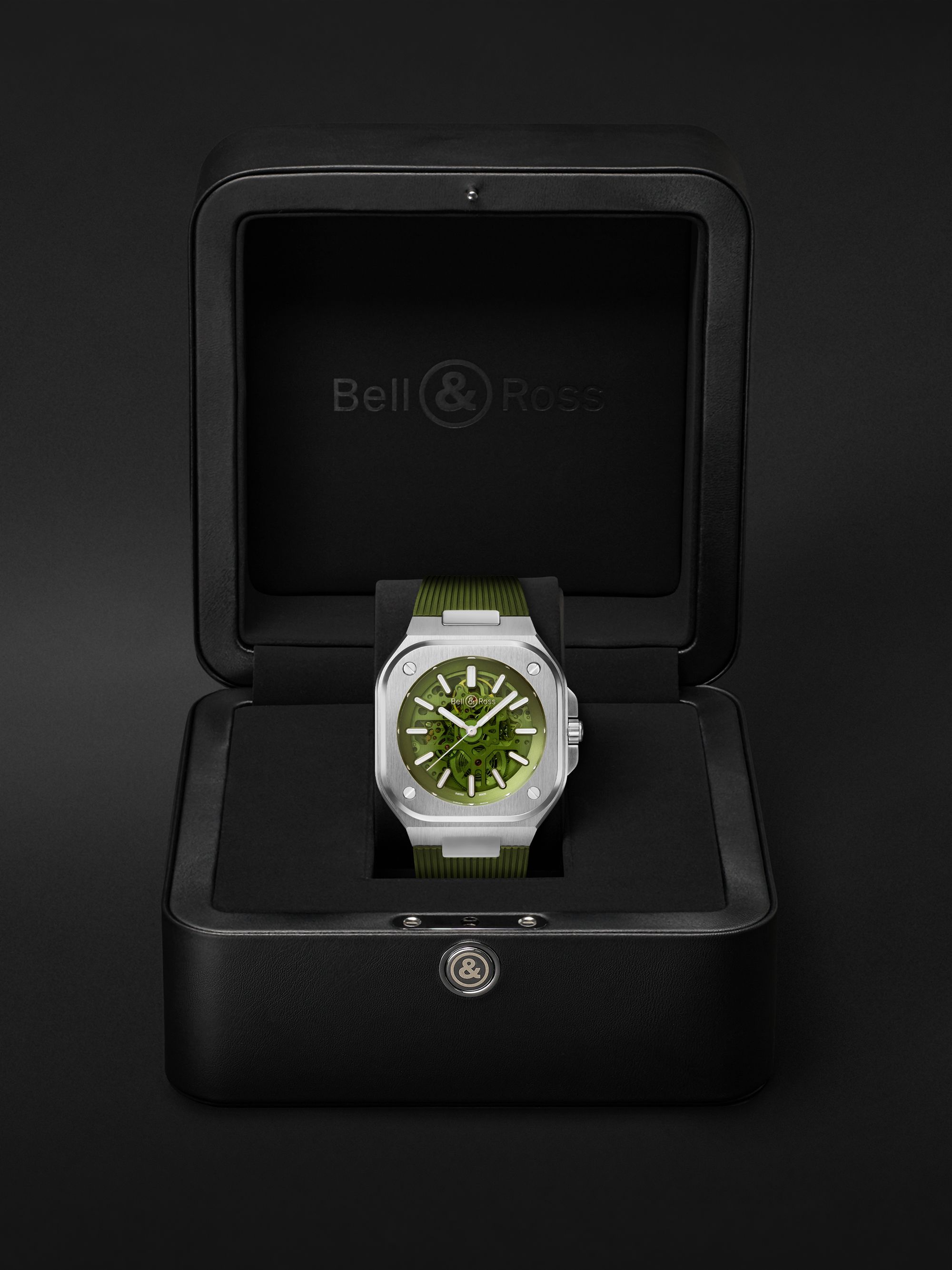 BELL & ROSS BR 05 Skeleton Green Limited-Edition 40mm Stainless Steel and Rubber Watch, Ref. No. BR05A-GN-SKST/SRB