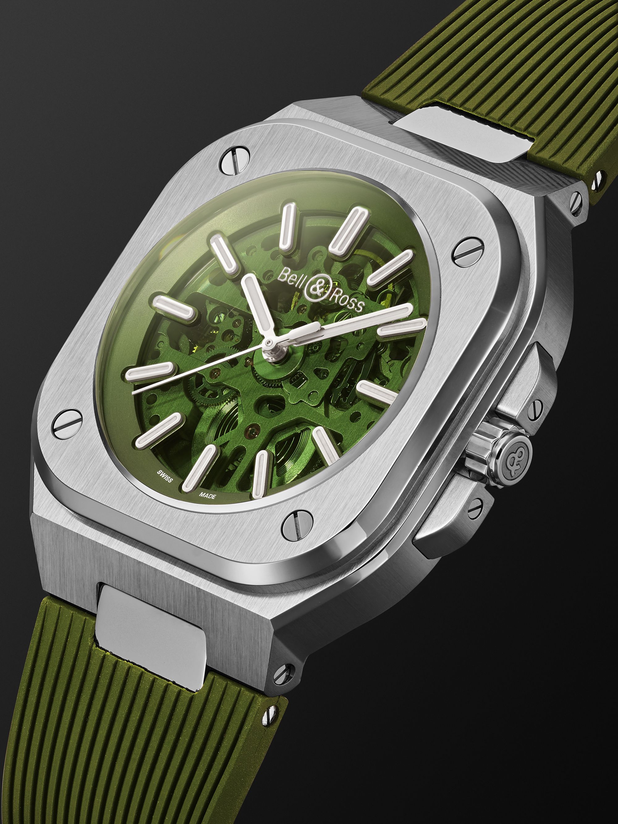 BELL & ROSS BR 05 Skeleton Green Limited-Edition 40mm Stainless Steel and Rubber Watch, Ref. No. BR05A-GN-SKST/SRB