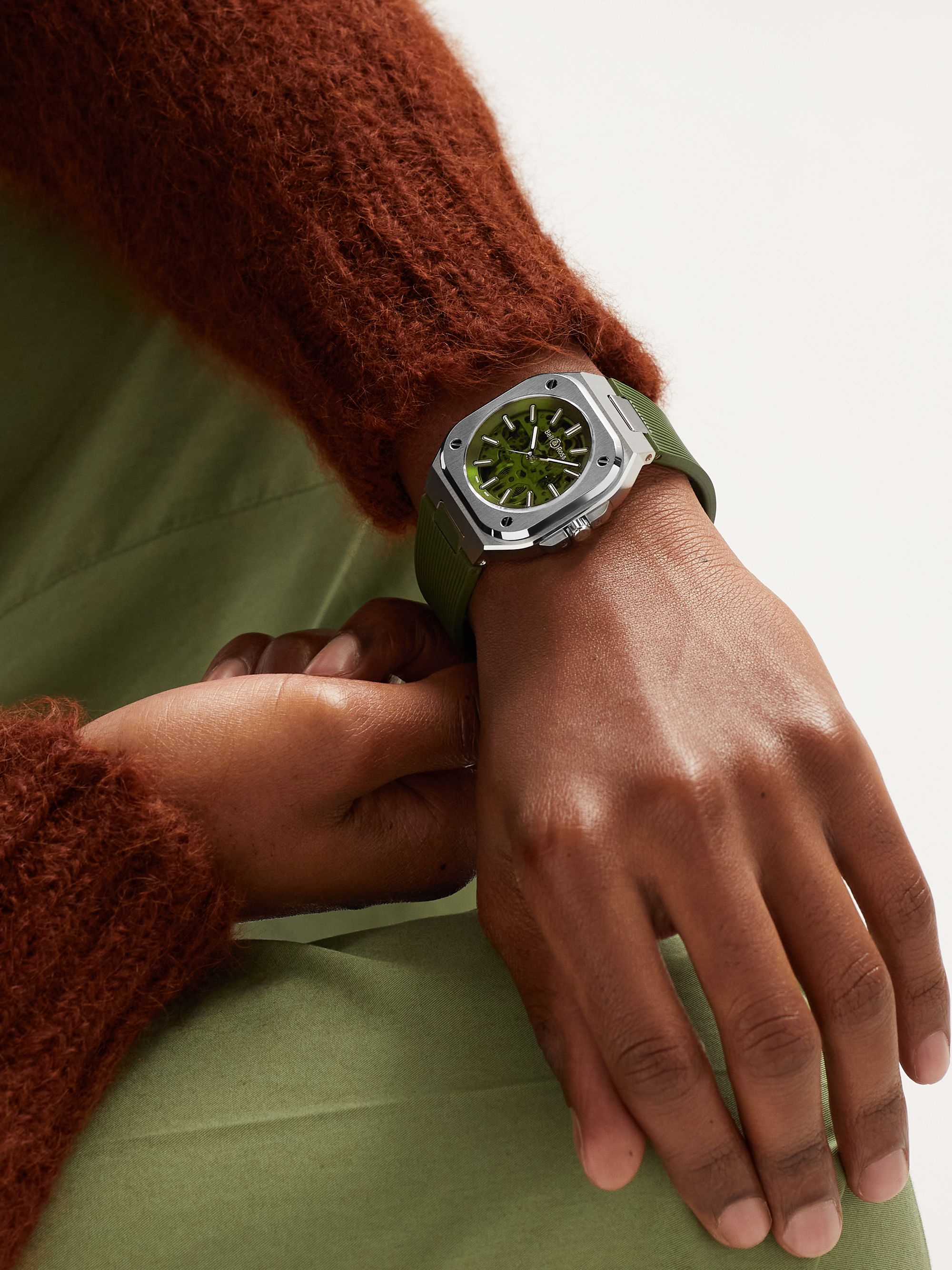 BELL & ROSS BR 05 Skeleton Green Limited-Edition 40mm Stainless Steel and Rubber Watch, Ref. No. BR05A-GN-SKST/SRB