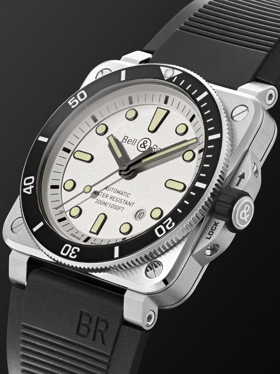 Shop Bell & Ross Br 03-92 Diver Automatic 42mm Stainless Steel And Rubber Watch, Ref. No. Br0392-d-wh-st/srb In White