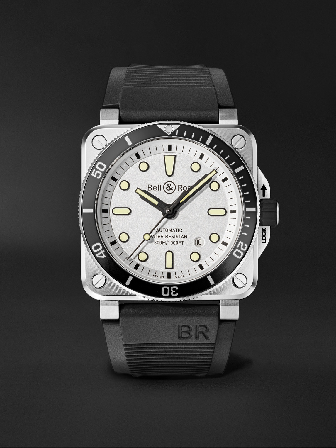 Bell & Ross Br 03-92 Diver Automatic 42mm Stainless Steel And Rubber Watch, Ref. No. Br0392-d-wh-st/srb In White