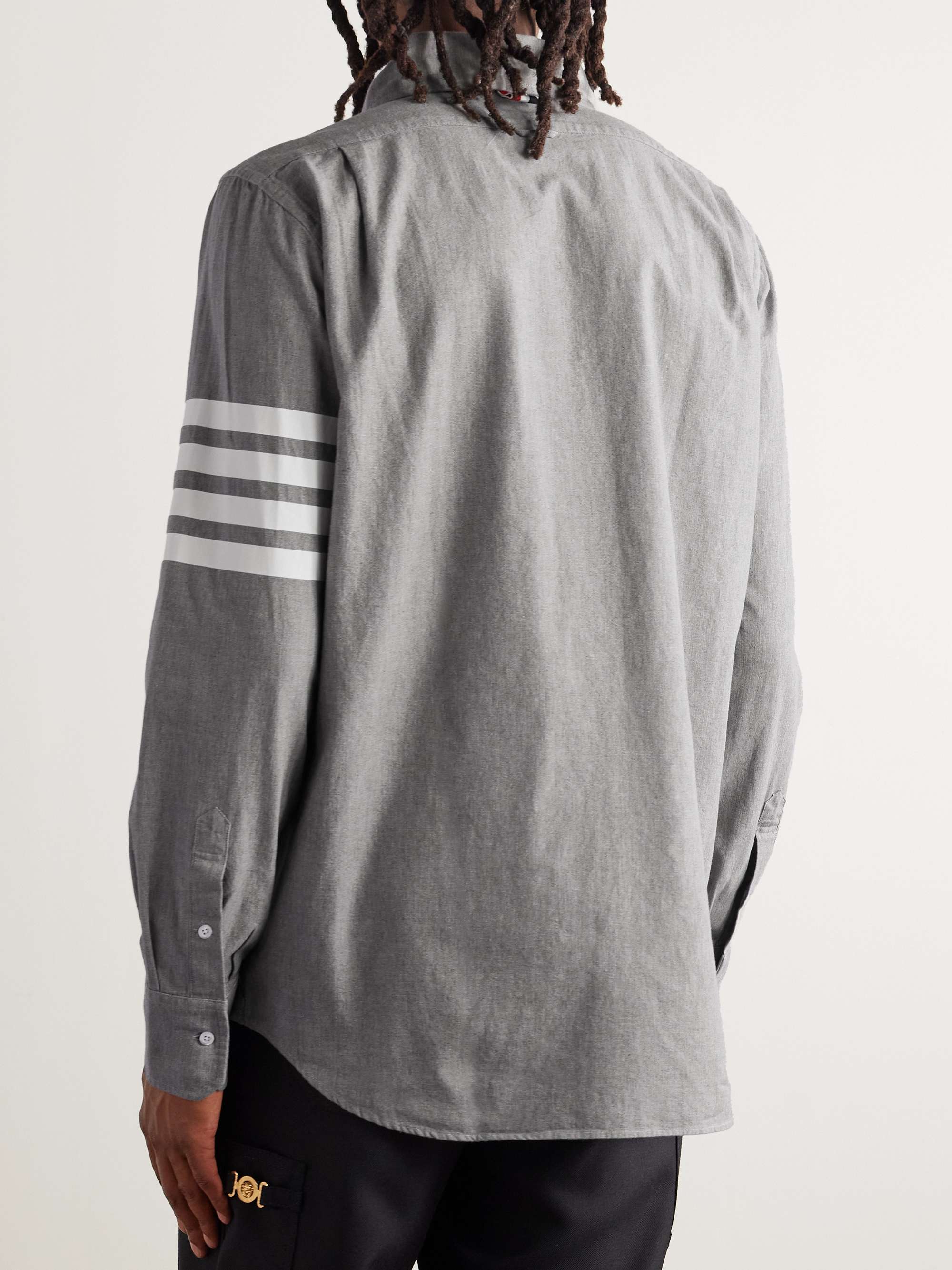 THOM BROWNE Button-Down Collar Striped Cotton-Chambray Shirt