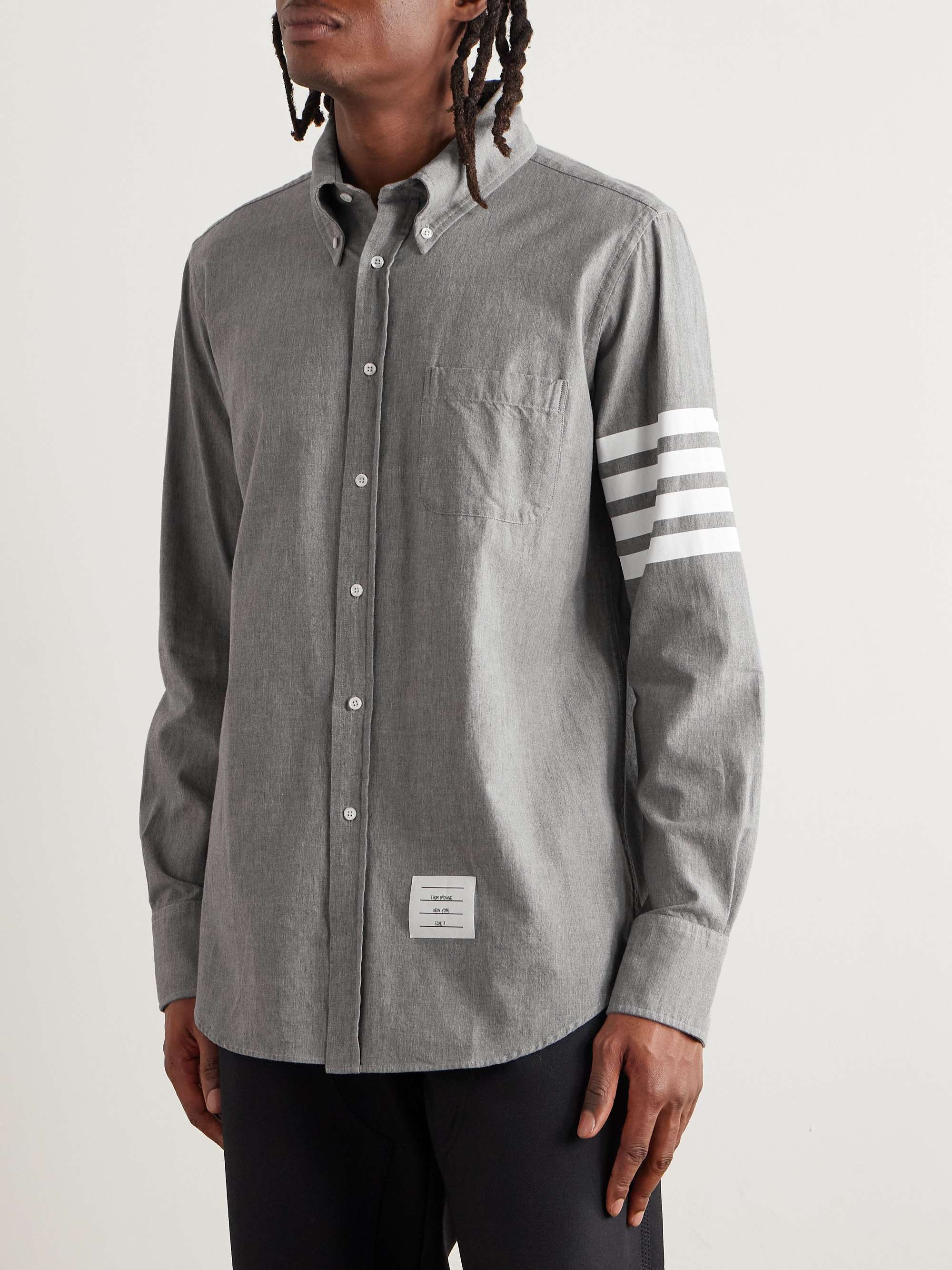 THOM BROWNE Button-Down Collar Striped Cotton-Chambray Shirt