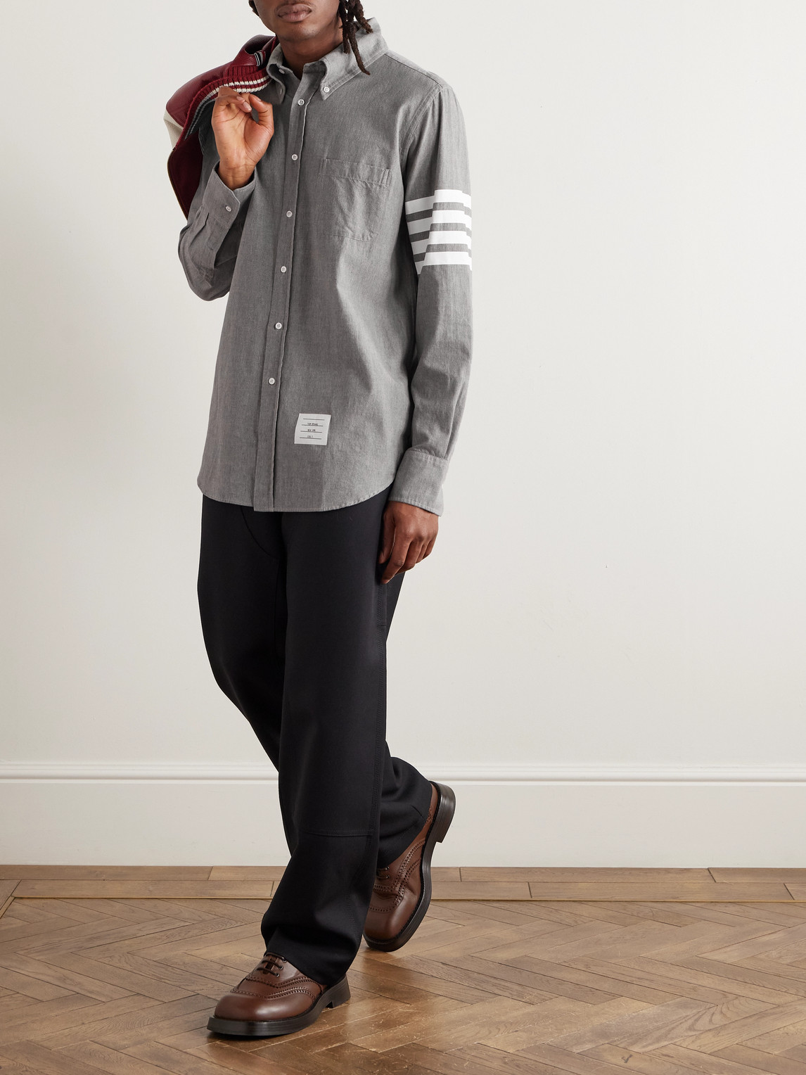 Thom Browne 4-bar Straight Fit Chambray Button-down Shirt In Gray