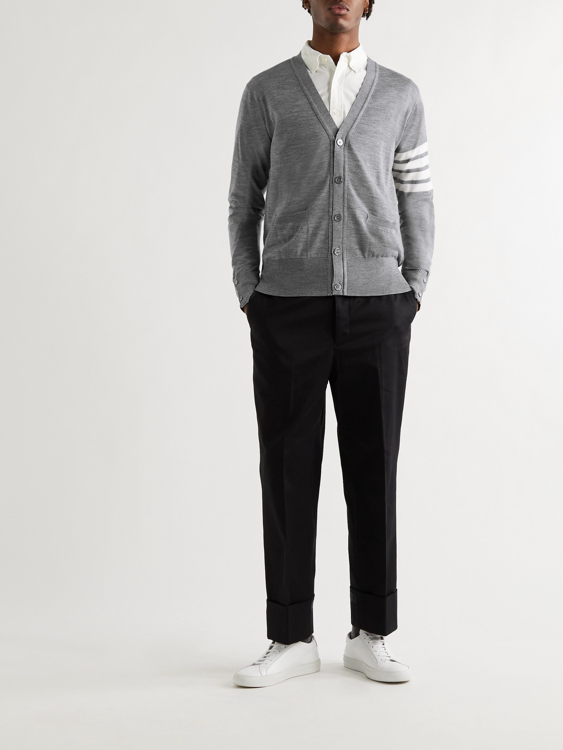 Thom Browne Intarsia Stripes Wool Cardigan In Gray