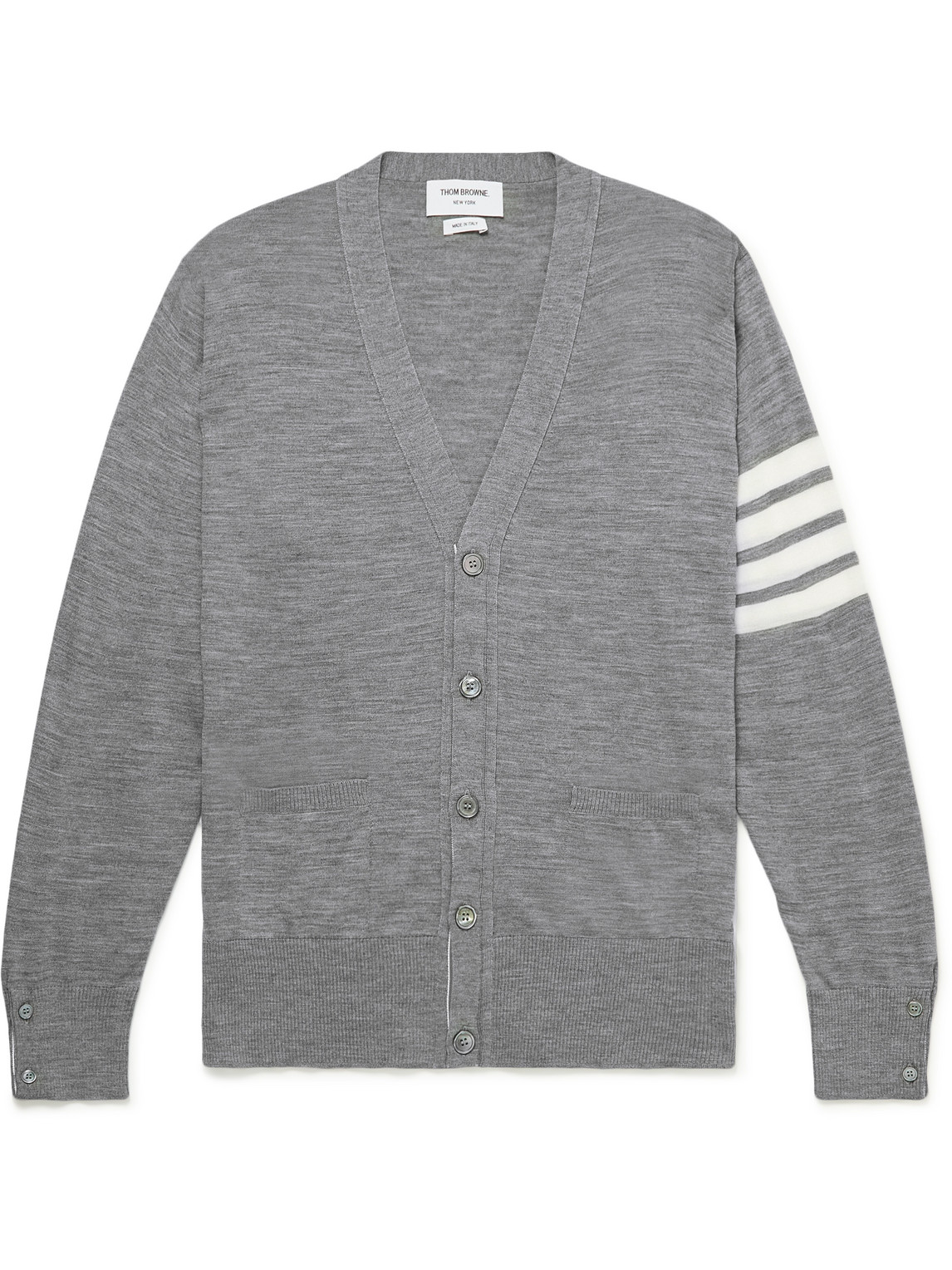 Thom Browne Intarsia Stripes Wool Cardigan In Med Grey