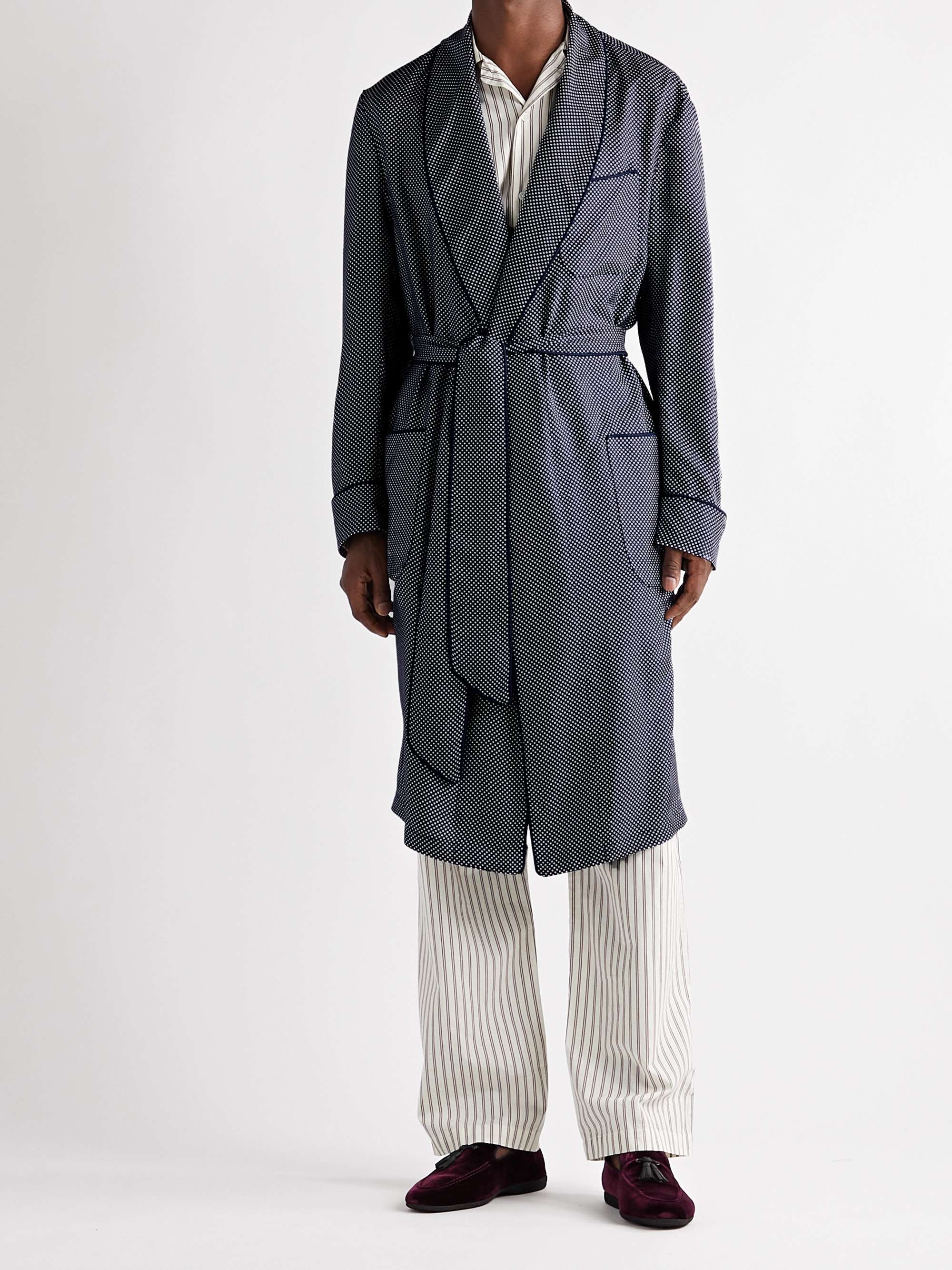 PAUL STUART Piped Pin-Dot Silk-Twill Robe