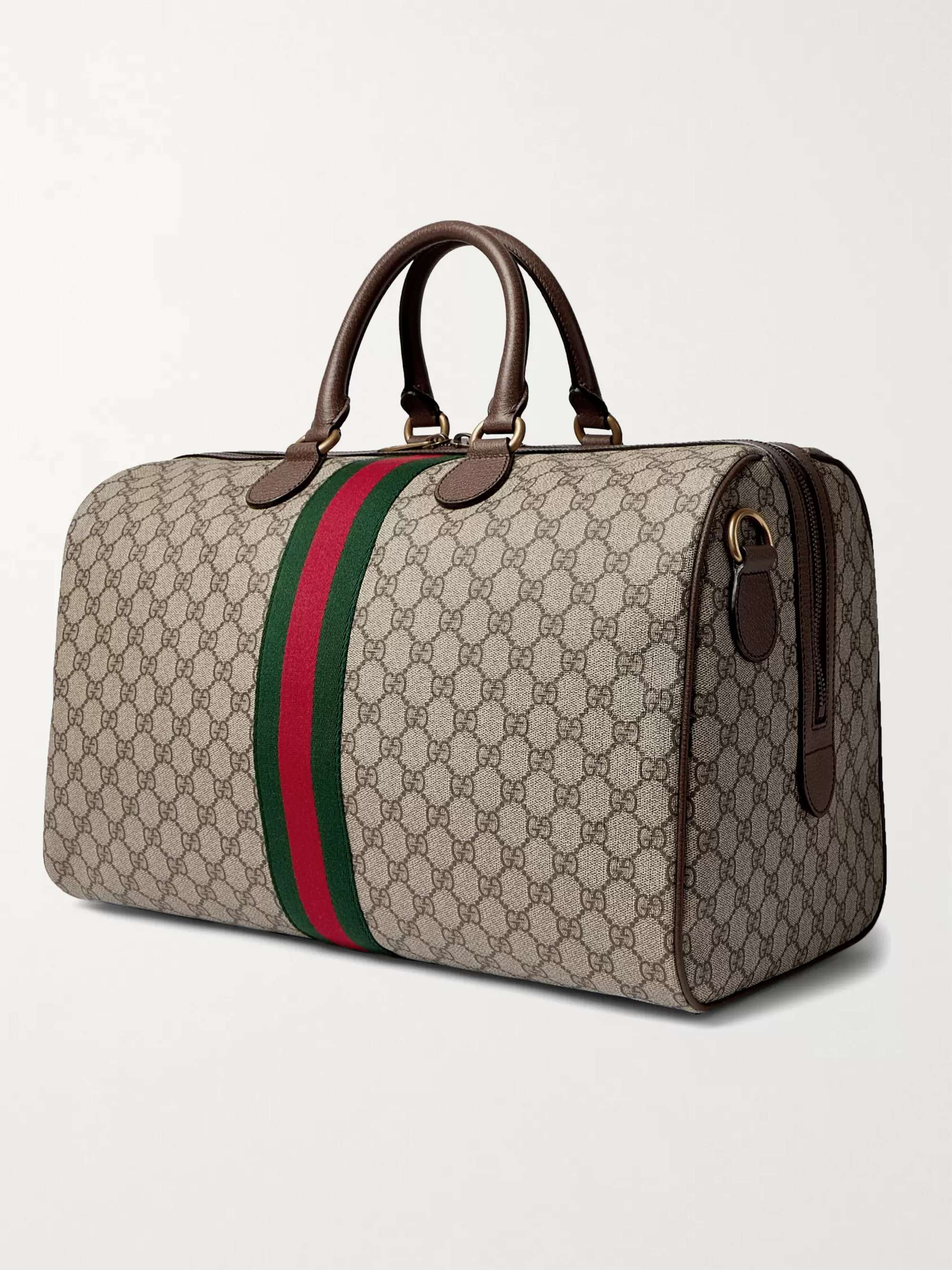 Gucci Leather and Webbing-Trimmed Monogrammed Canvas Duffle Bag - Brown