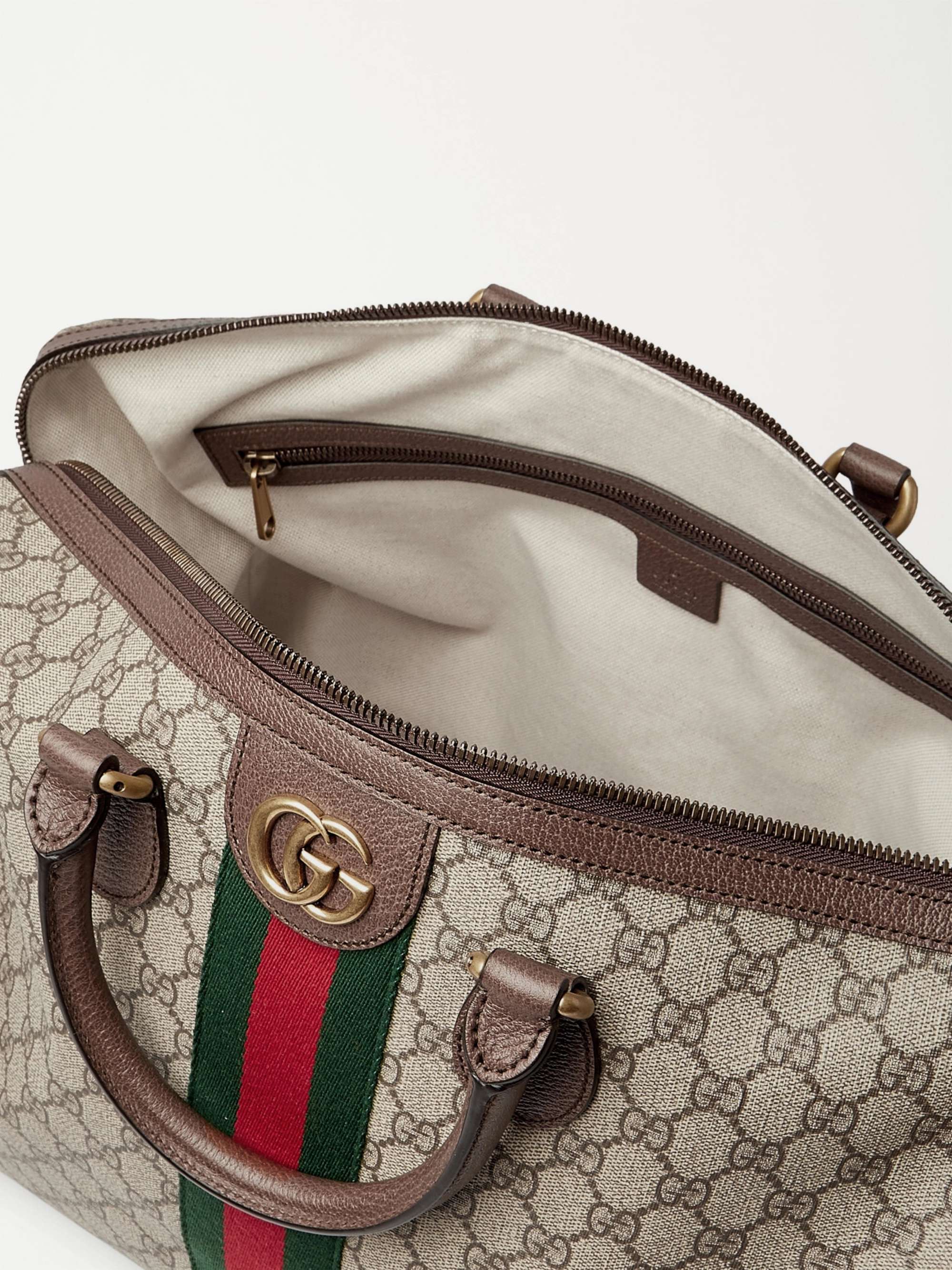 GUCCI Savoy Leather and Webbing-Trimmed Monogrammed Coated-Canvas Duffle Bag