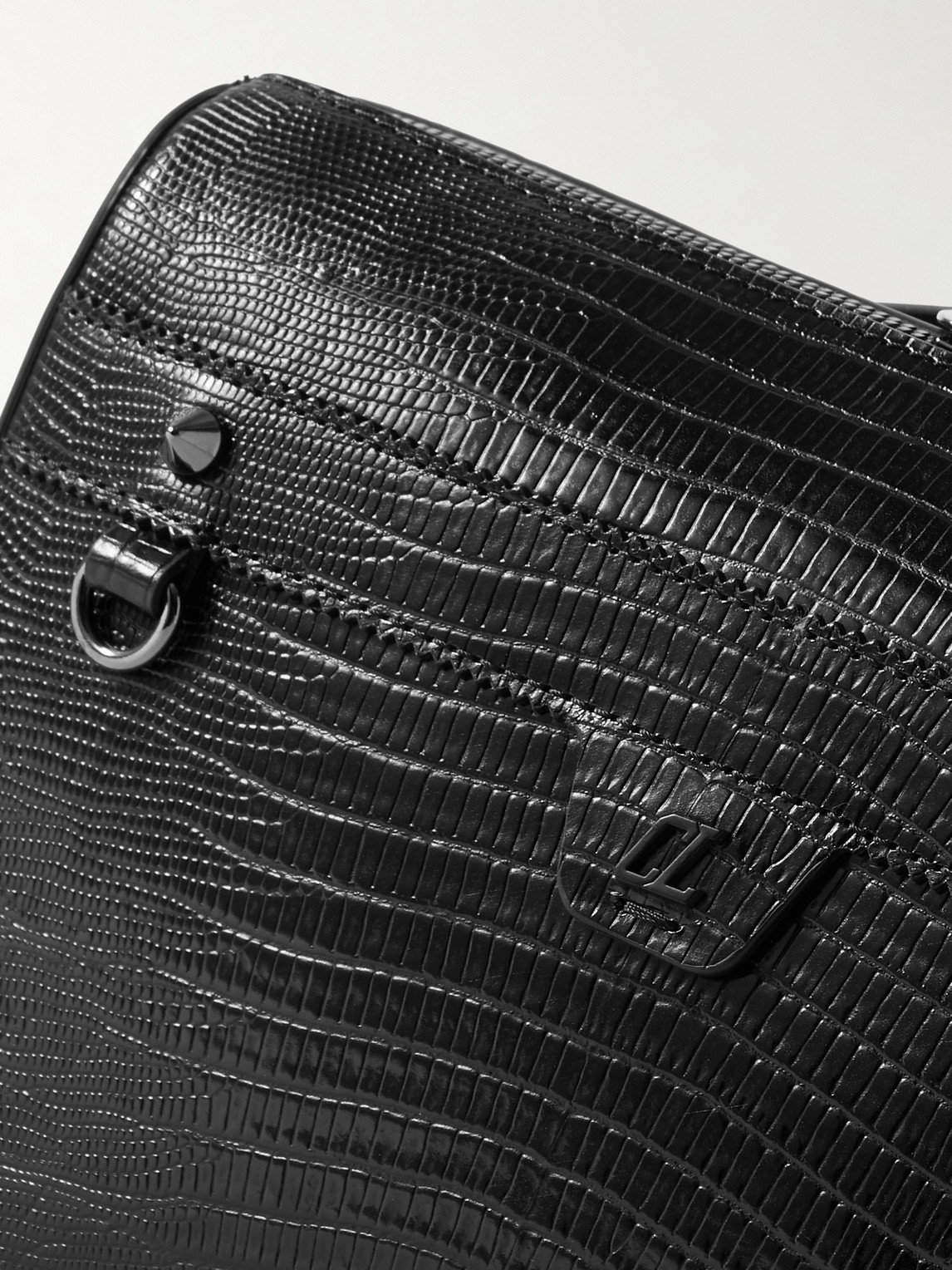 Shop Christian Louboutin Ruisbuddy Studded Rubber-trimmed Full-grain Leather Messenger Bag In Black
