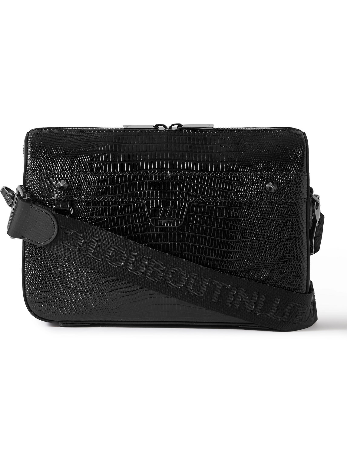 Christian Louboutin Ruisbuddy Studded Rubber-trimmed Full-grain Leather Messenger Bag In Black