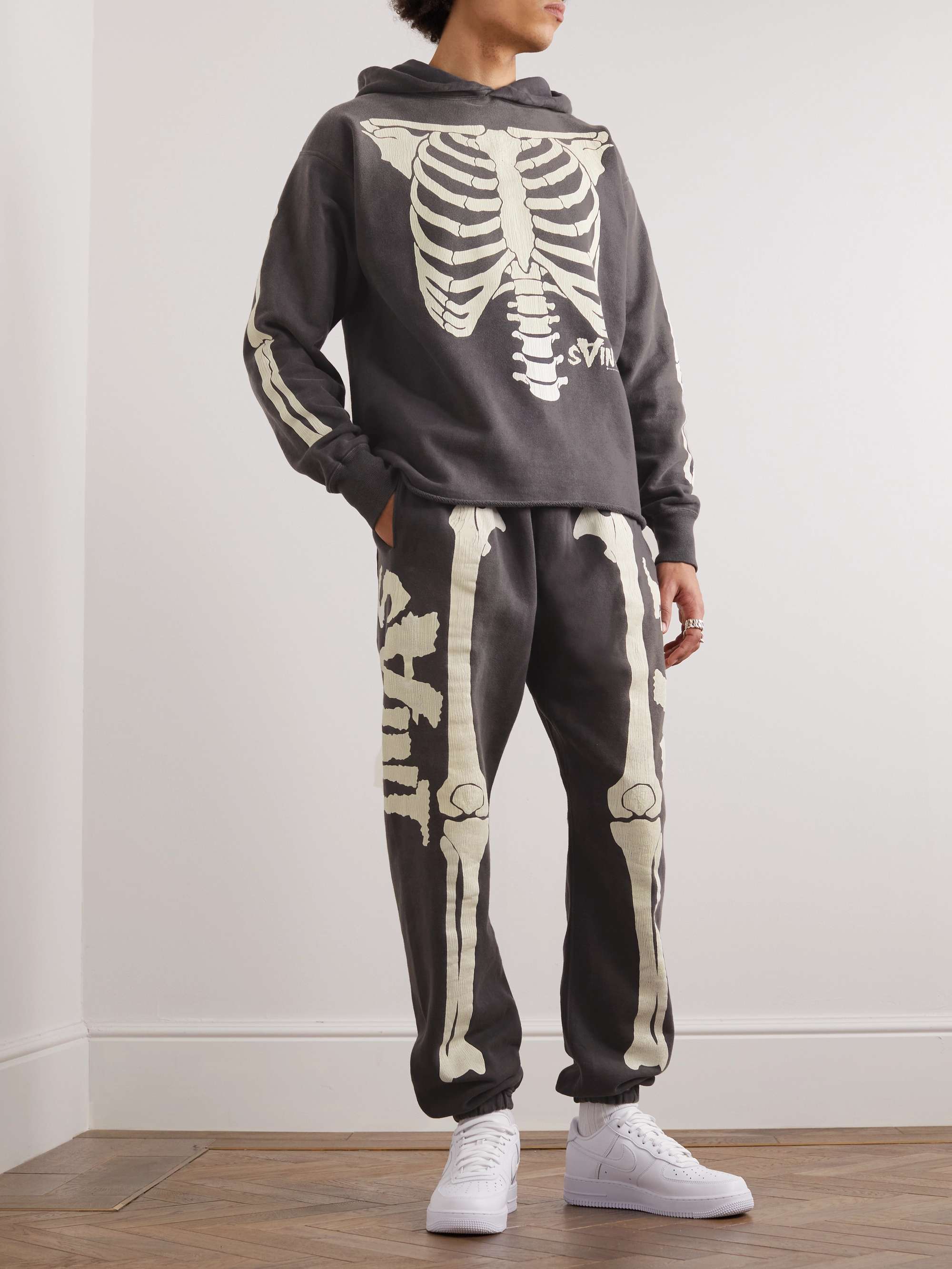 Tapered Distressed Printed Cotton Jersey Sweatpa ...