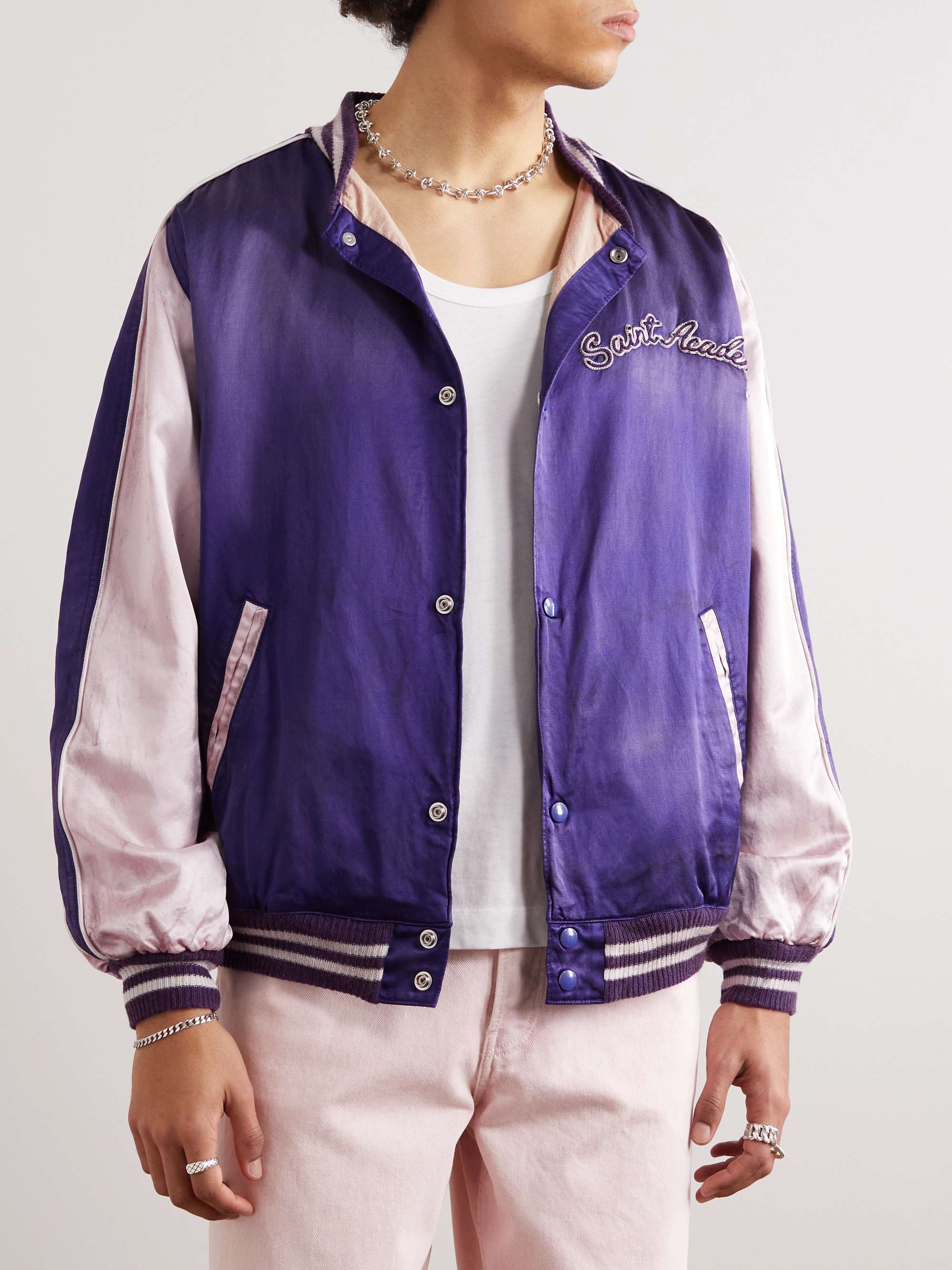 SAINT MXXXXXX Distressed Appliquéd Cotton-Blend Satin Bomber Jacket