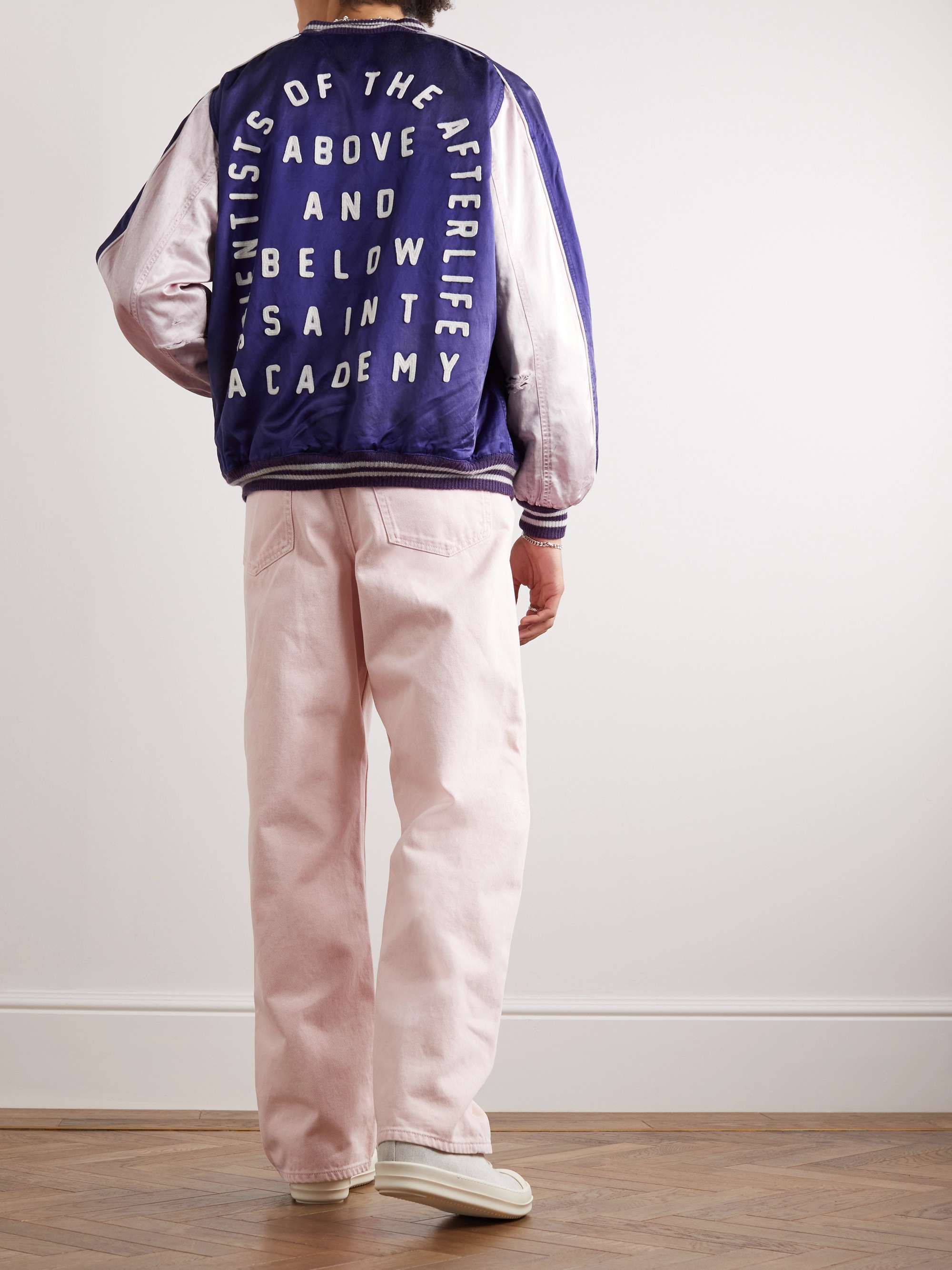 SAINT MXXXXXX Distressed Appliquéd Cotton-Blend Satin Bomber Jacket