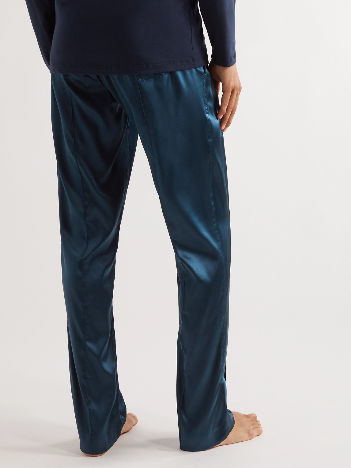 Shop Tom Ford Velvet-trimmed Stretch-silk Satin Pyjama Trousers In Blue