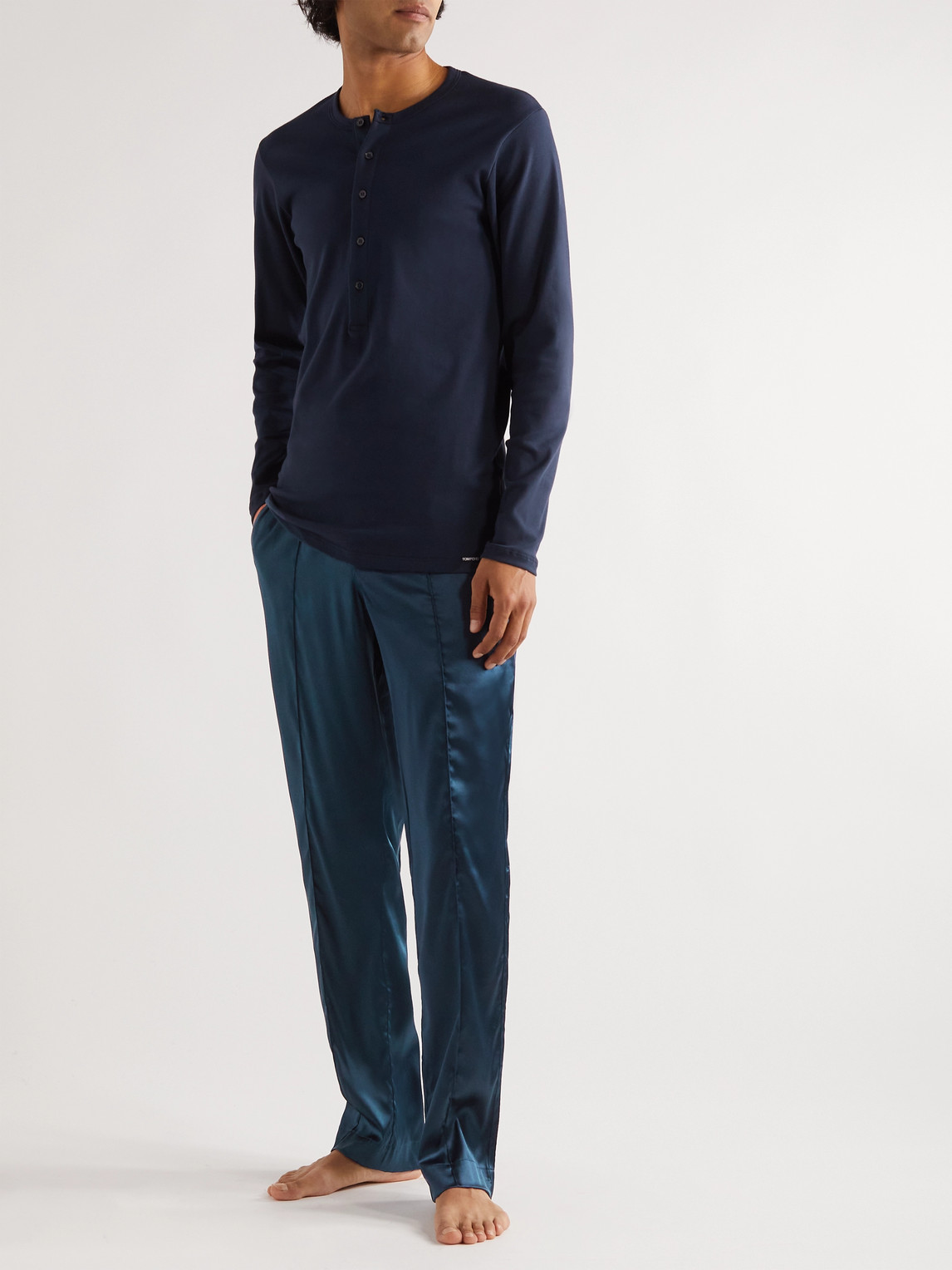 Shop Tom Ford Velvet-trimmed Stretch-silk Satin Pyjama Trousers In Blue