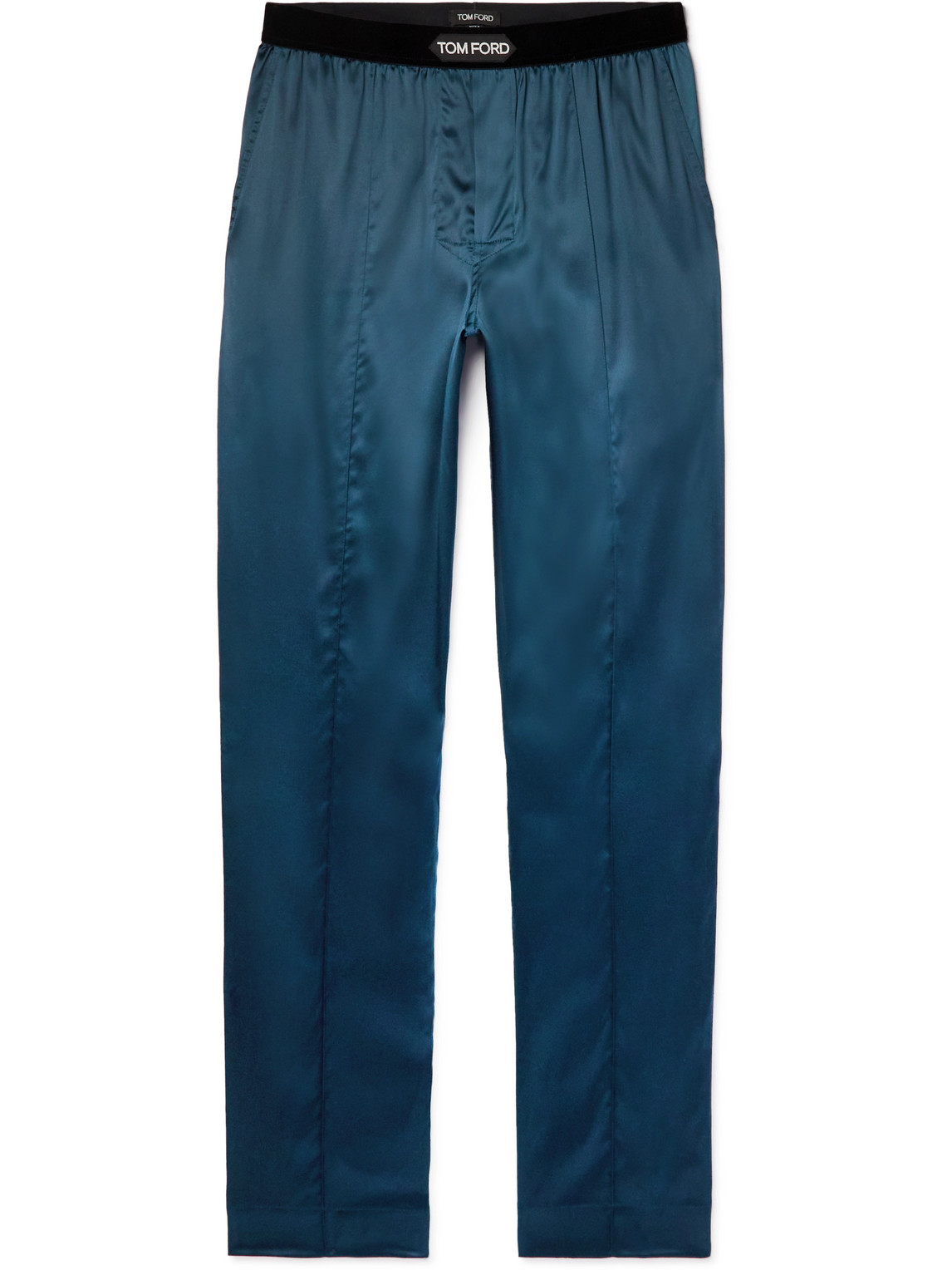 Tom Ford Velvet-trimmed Stretch-silk Satin Pyjama Trousers In Blue