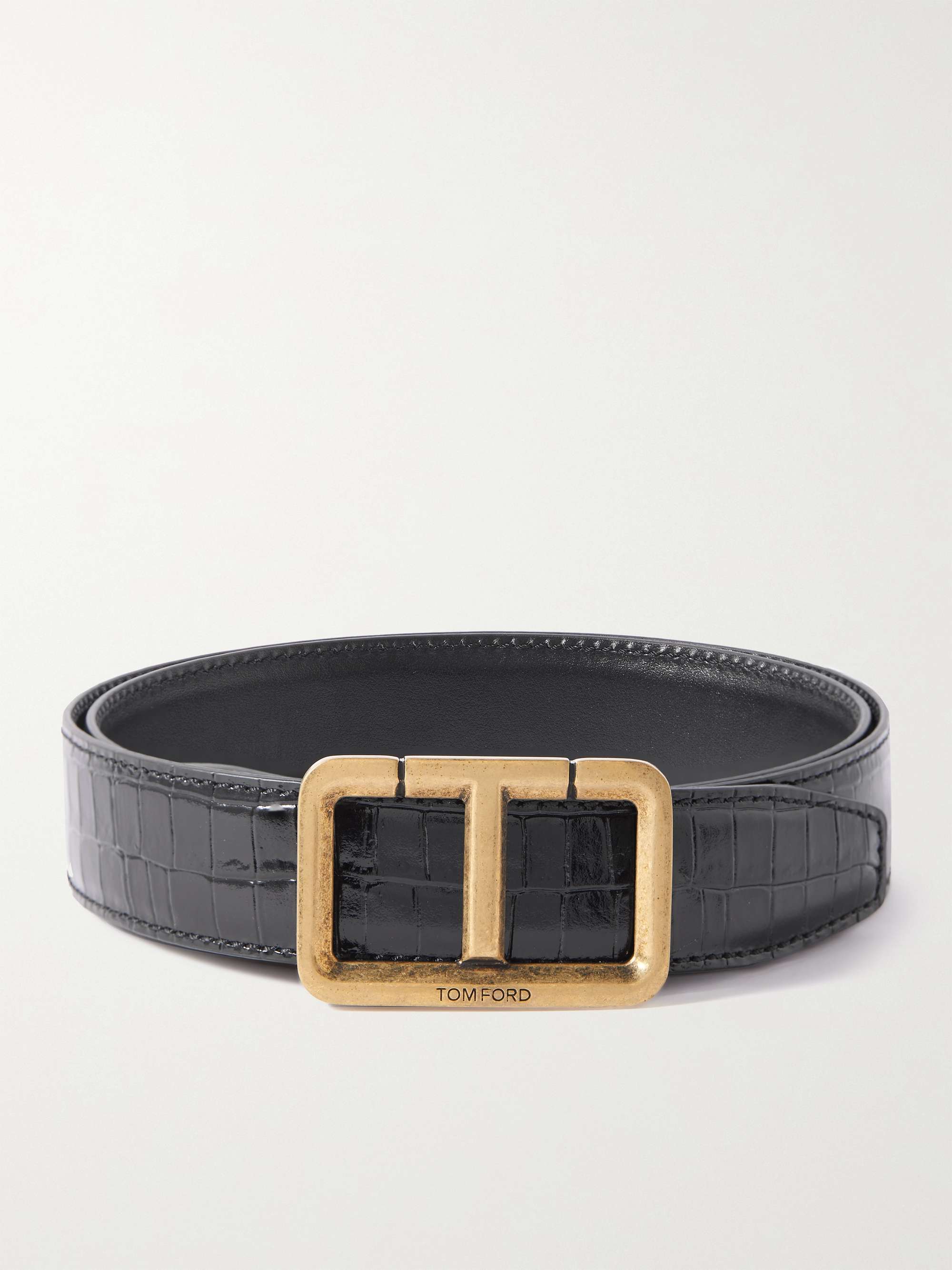 Croc Effect Leather Belt in Black - Tom Ford