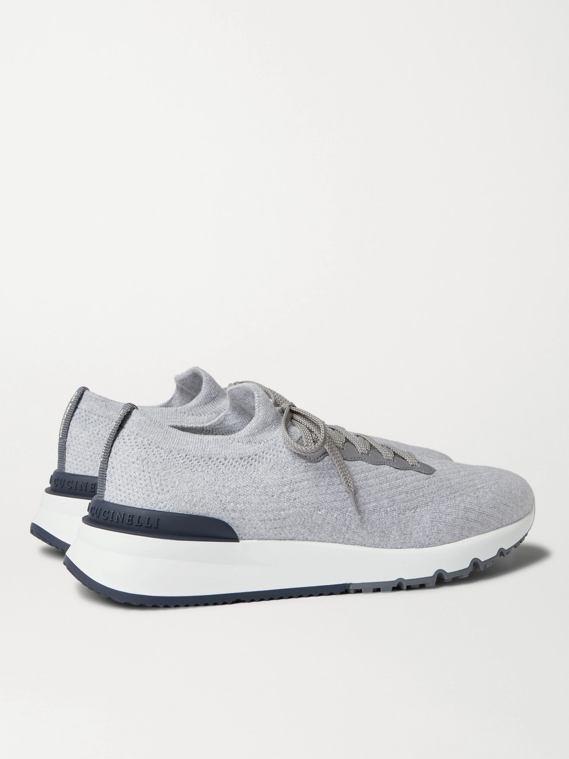 Shop Brunello Cucinelli Leather-trimmed Stretch-knit Sneakers In Gray