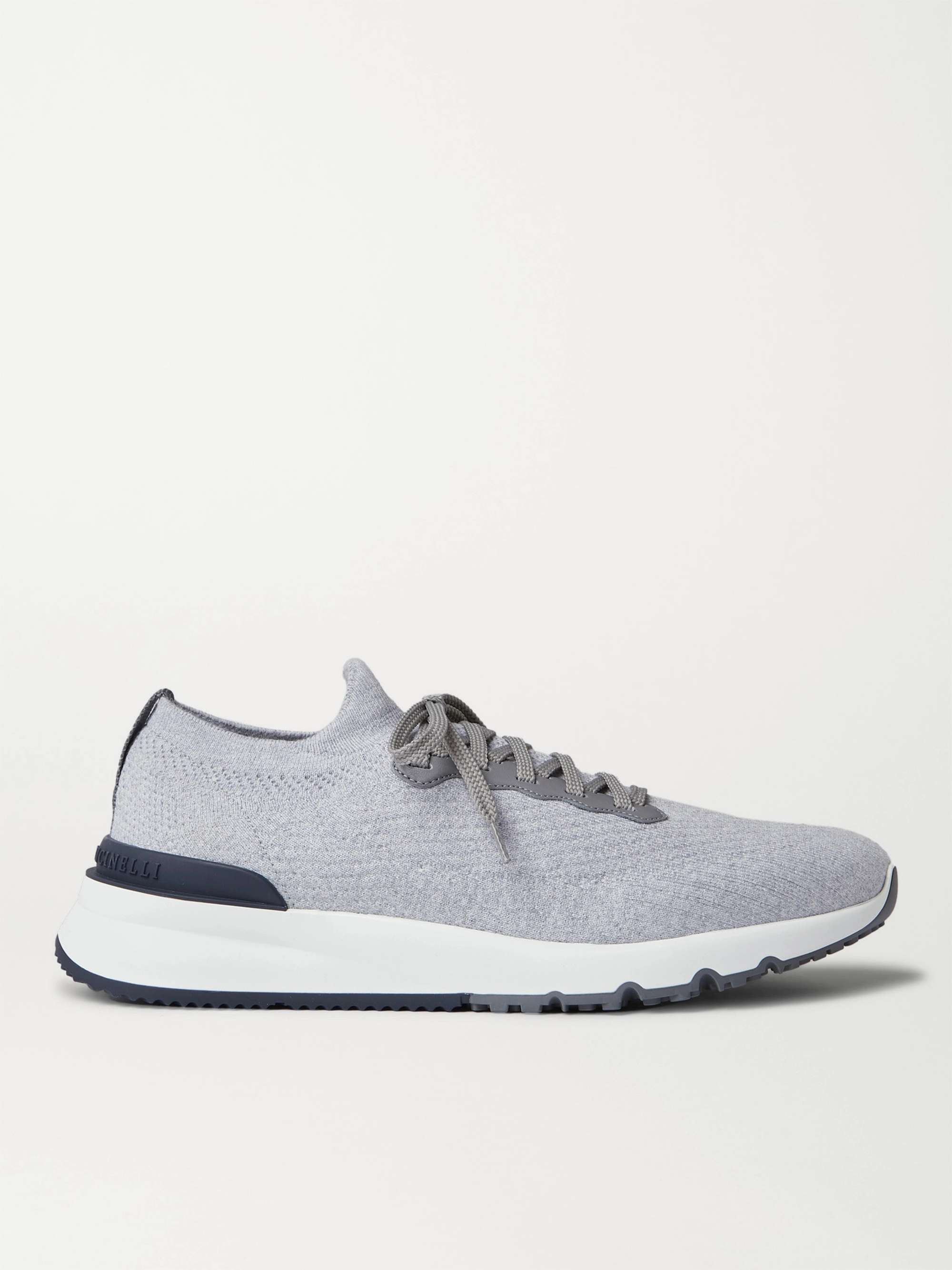 Leather-Trimmed Stretch-Knit Sneakers