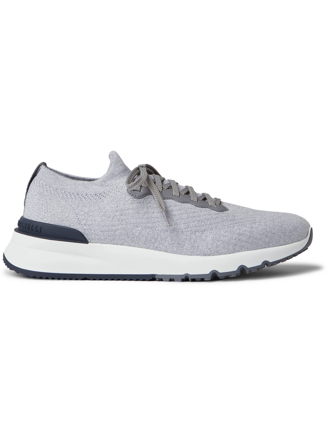 Shop Brunello Cucinelli Leather-trimmed Stretch-knit Sneakers In Gray