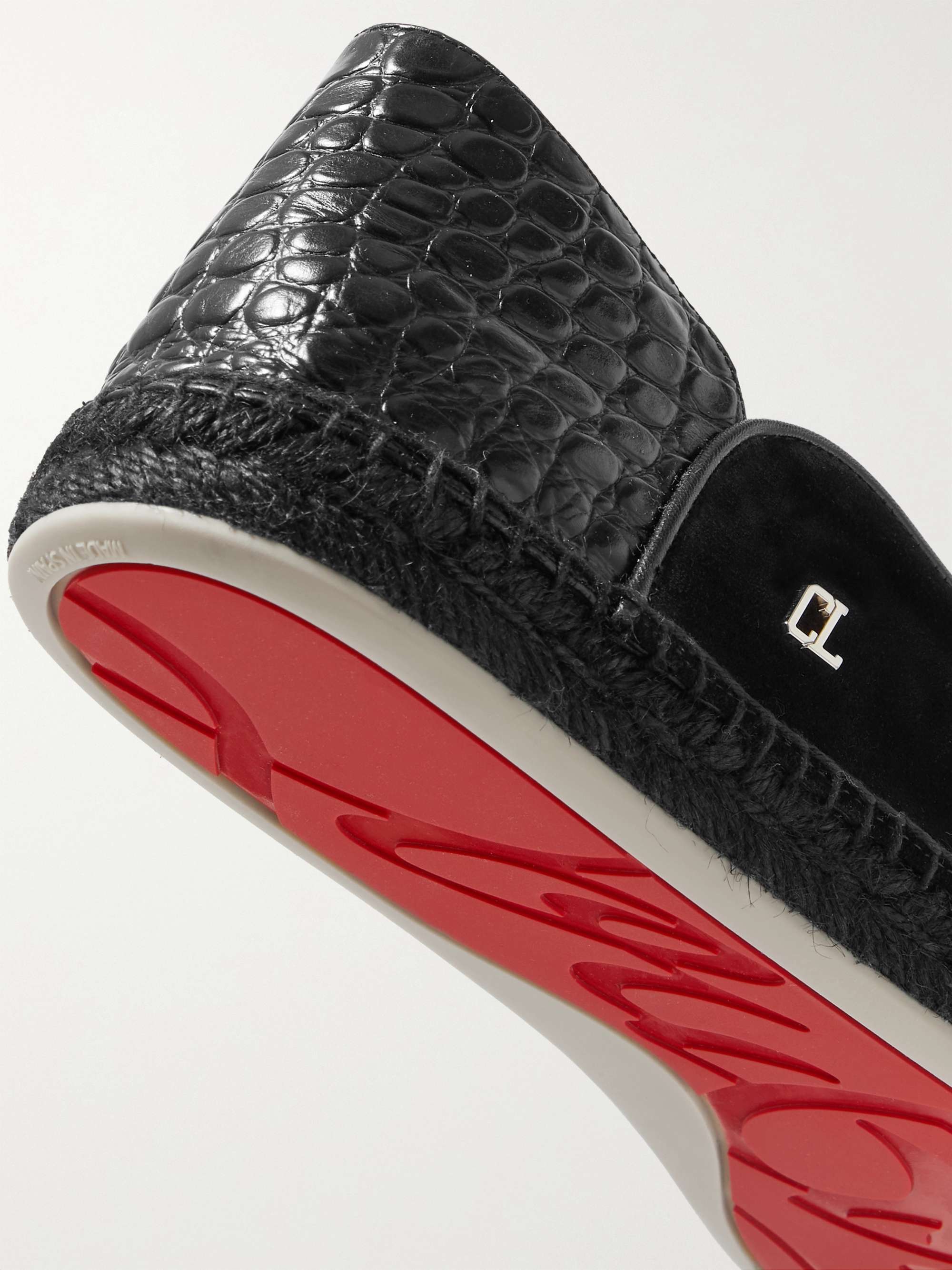 Christian Louboutin Collapsible-Heel Croc-effect Leather-trimmed Suede Espadrilles - Men - Black Espadrilles - EU 46