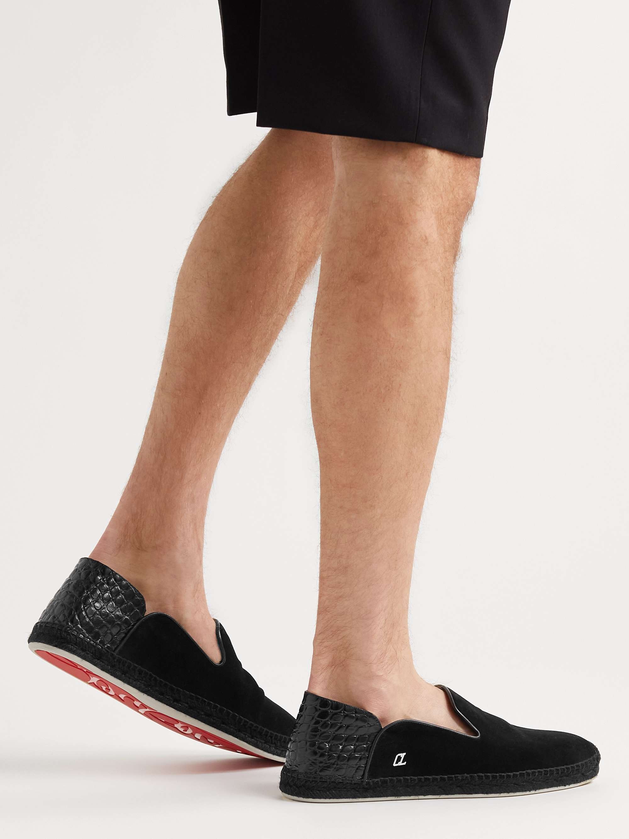 CHRISTIAN LOUBOUTIN Collapsible-Heel Croc-Effect Leather-Trimmed Suede Espadrilles