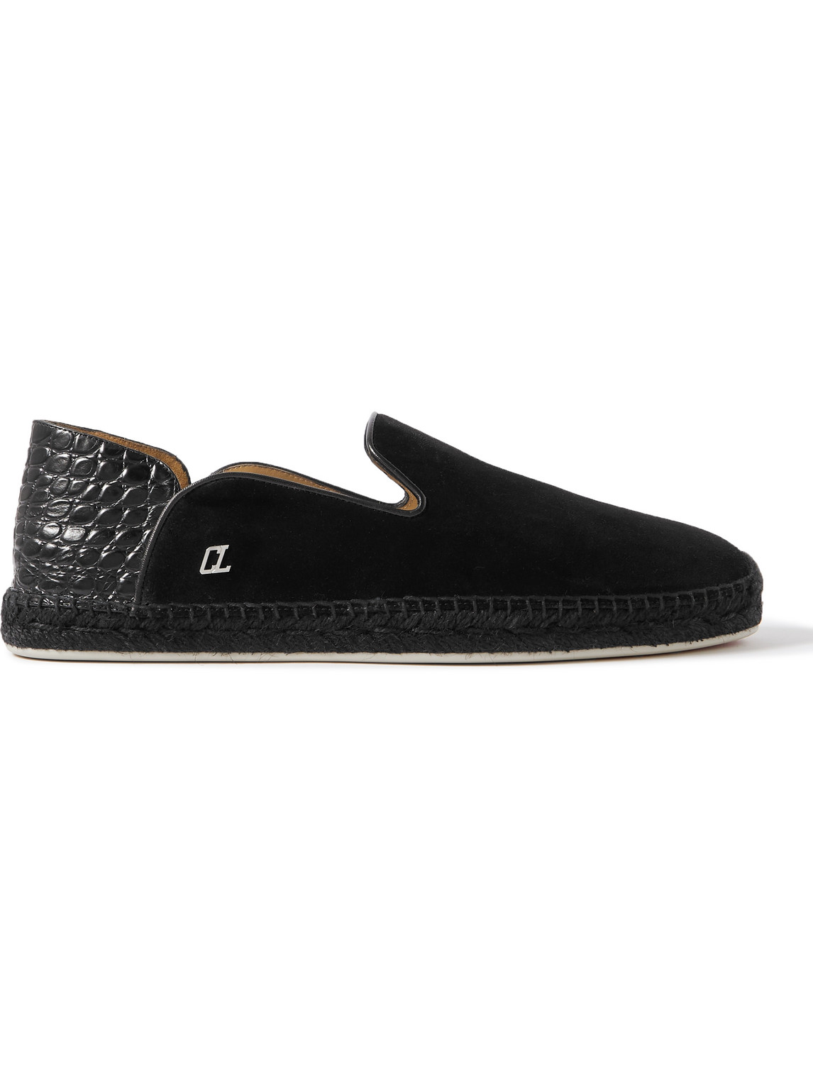 Christian Louboutin Collapsible-heel Croc-effect Leather-trimmed Suede Espadrilles In Black