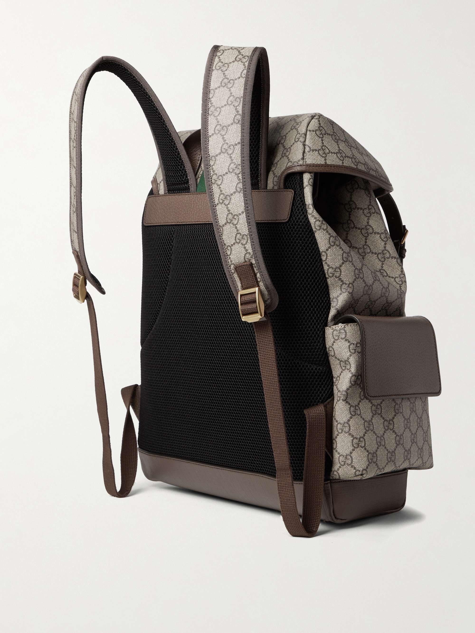 GUCCI Ophidia Leather and Webbing-Trimmed Monogrammed Coated-Canvas Backpack