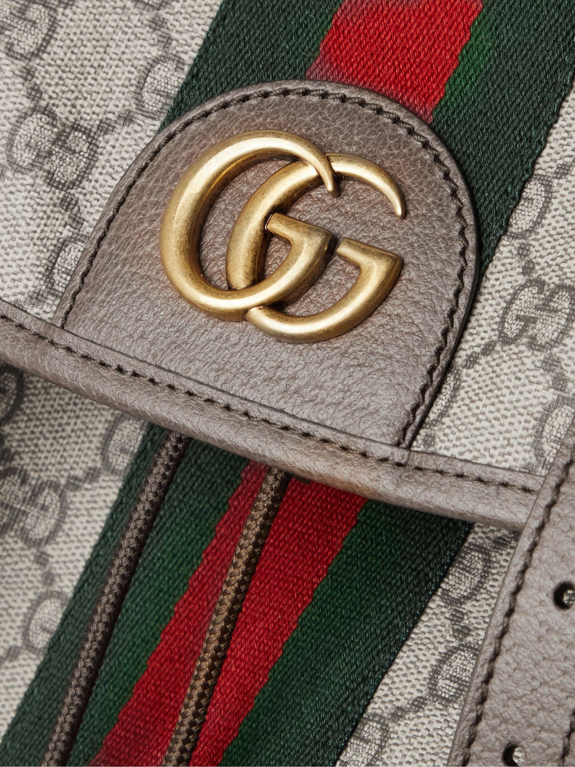GUCCI Ophidia Leather and Webbing-Trimmed Monogrammed Coated-Canvas Backpack