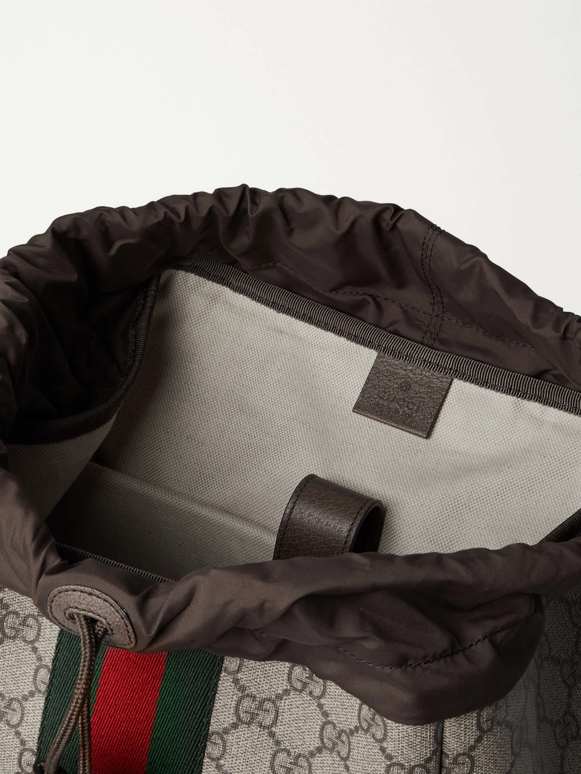 GUCCI Ophidia Leather and Webbing-Trimmed Monogrammed Coated-Canvas Backpack