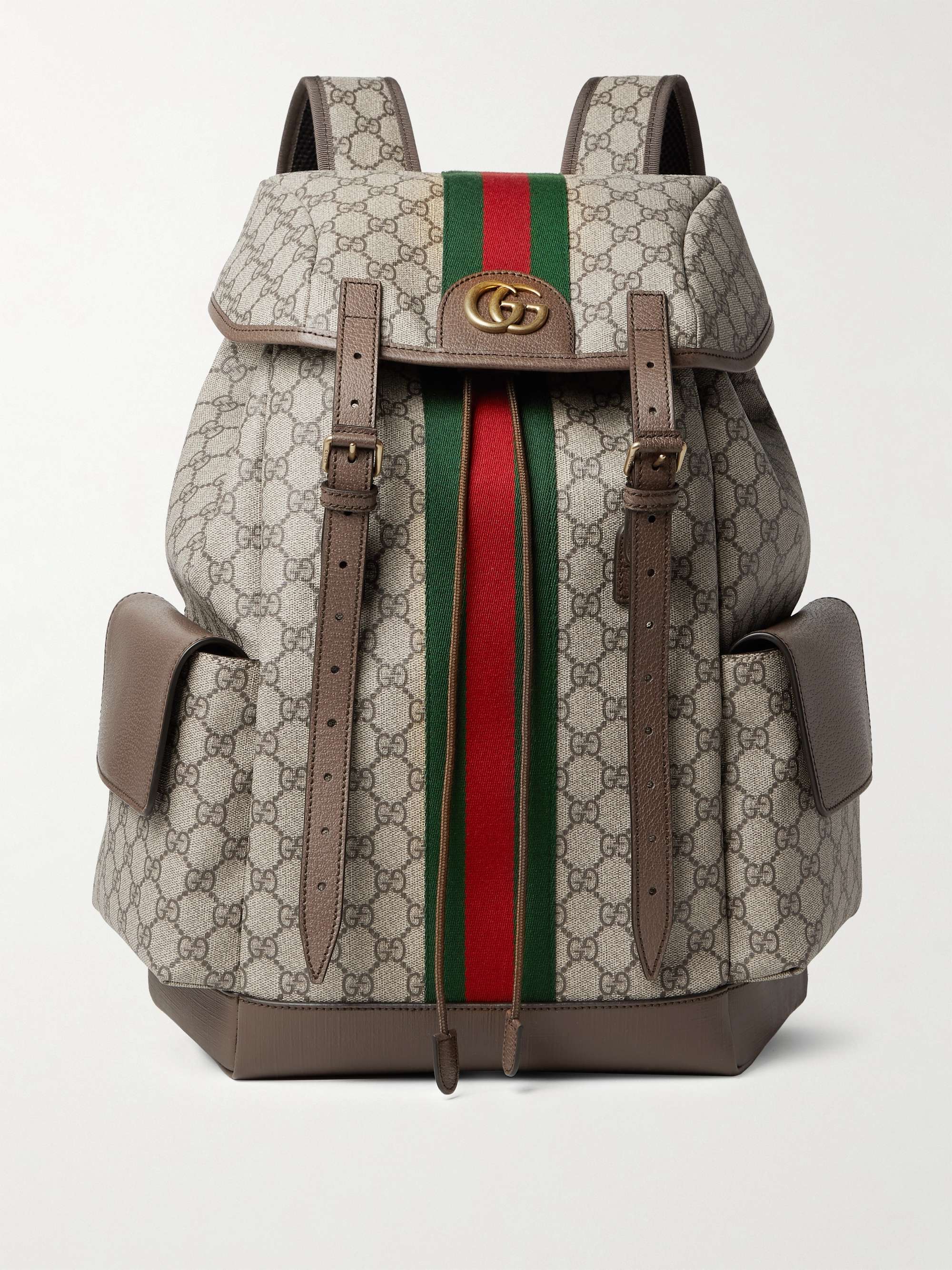 GUCCI Ophidia Leather and Webbing-Trimmed Monogrammed Coated-Canvas Backpack  | MR PORTER