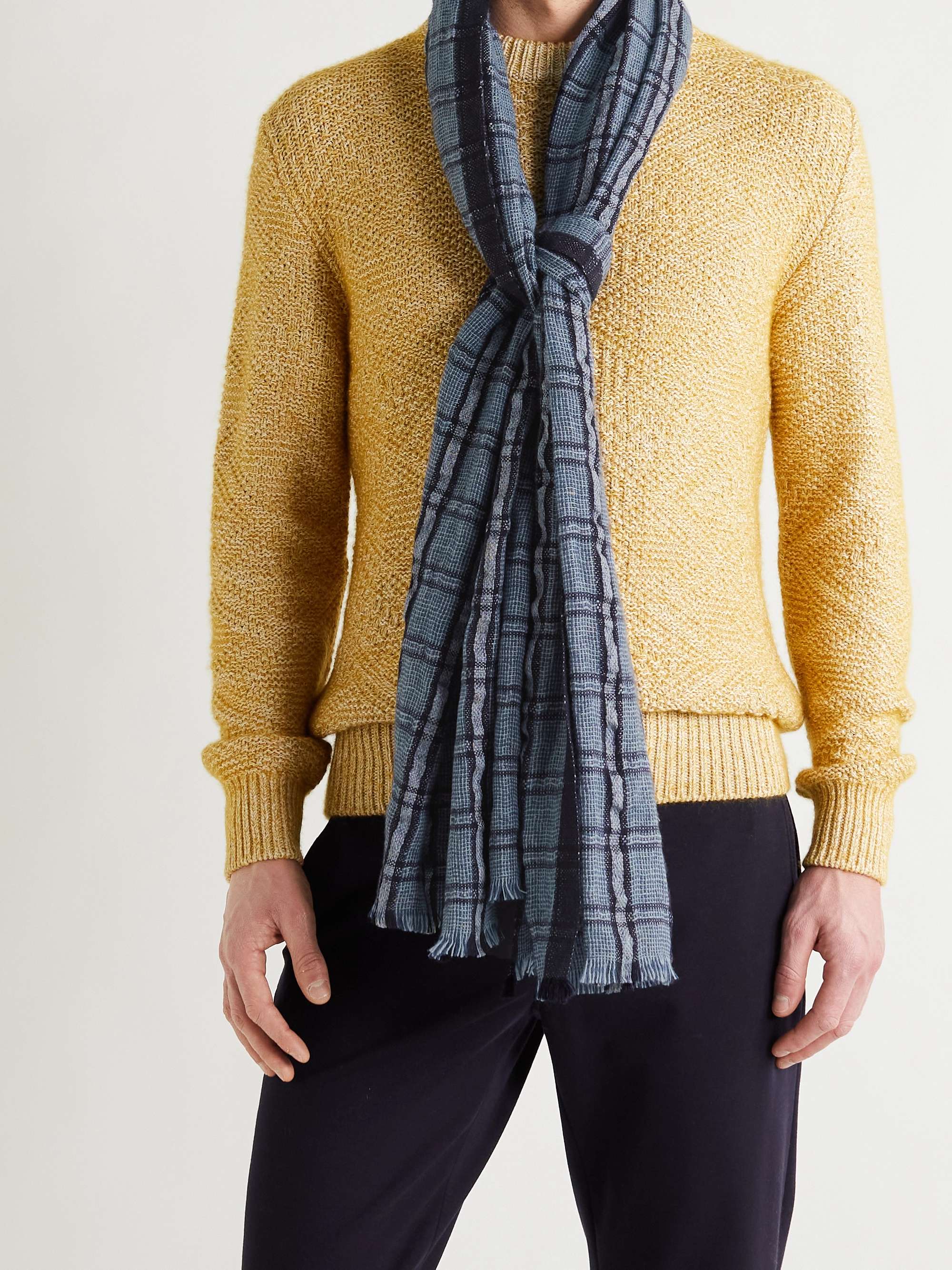 LORO PIANA Checked Linen and Cashmere-Blend Tweed Scarf