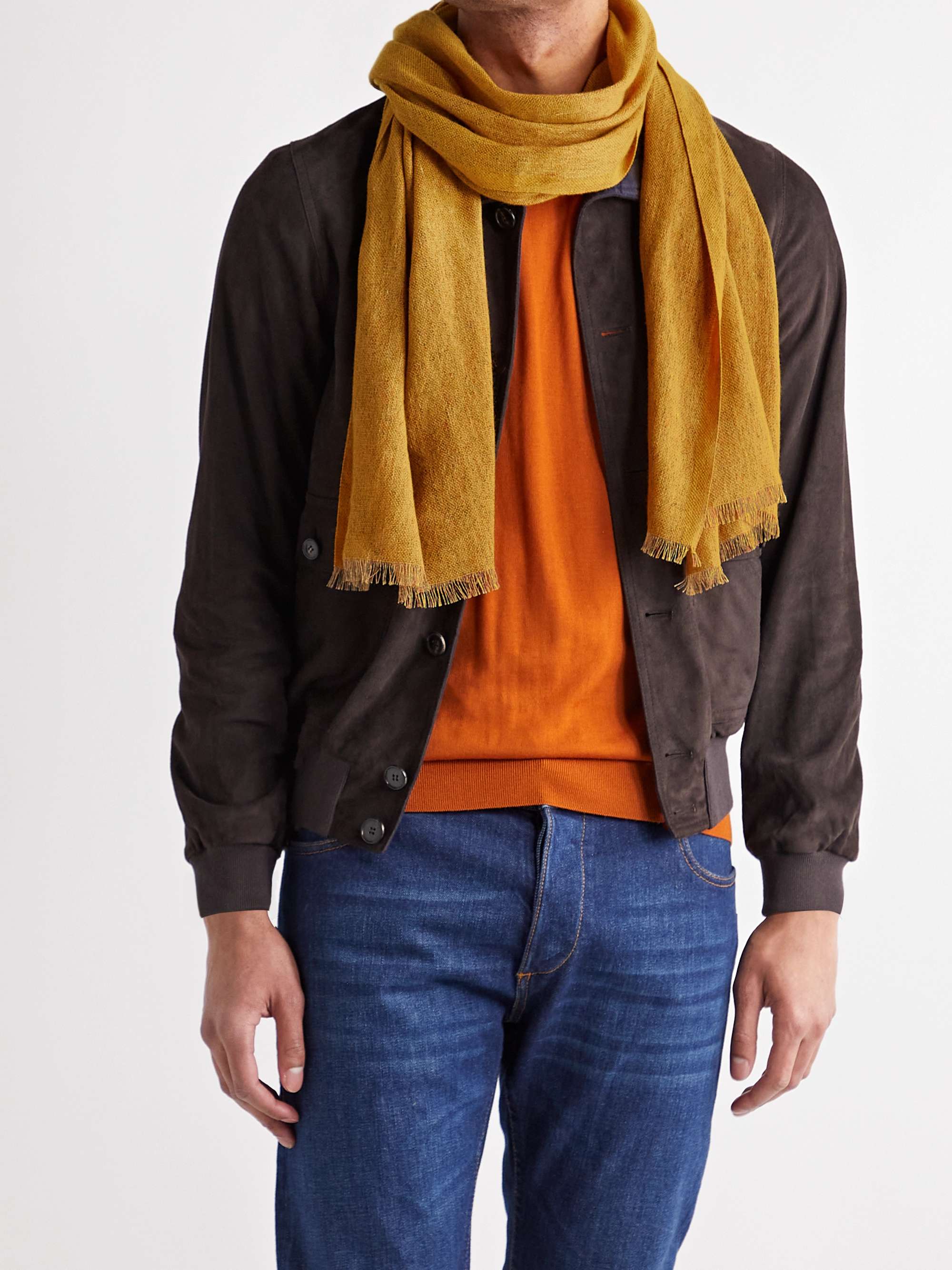 LORO PIANA Fringed Mélange Baby Cashmere and Linen-Blend Scarf